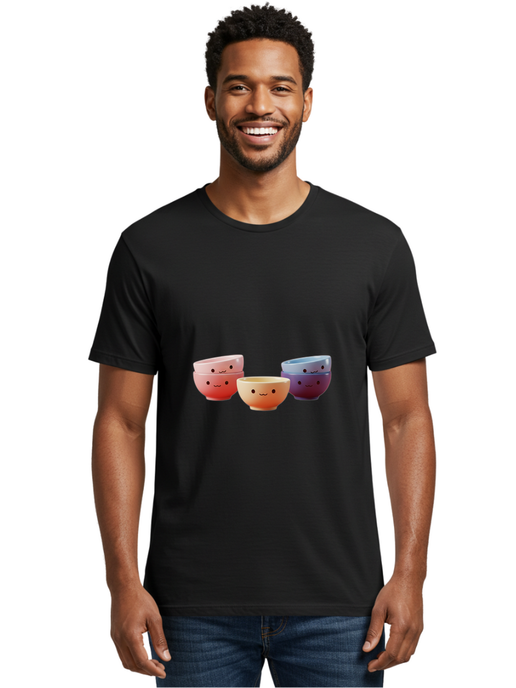 Stacked-Bowls-1 Men'S Graphic Tee, 100% Cotton, Comfortable Casual Summer Wear, Machine Washable, Ceramic Bowls, Smiling Faces, Colorful Dinnerware, Pastel Colors, Happy Kitchen Accessories, Table Setting, Cute Home Decor, Unique Gift Ideas Bab447