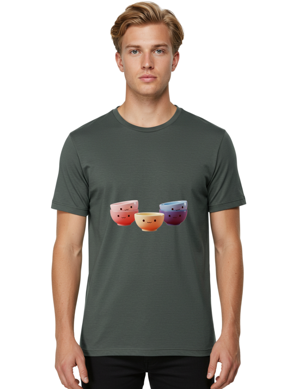 Stacked-Bowls-1 Men'S Graphic Tee, 100% Cotton, Comfortable Casual Summer Wear, Machine Washable, Ceramic Bowls, Smiling Faces, Colorful Dinnerware, Pastel Colors, Happy Kitchen Accessories, Table Setting, Cute Home Decor, Unique Gift Ideas Bab447