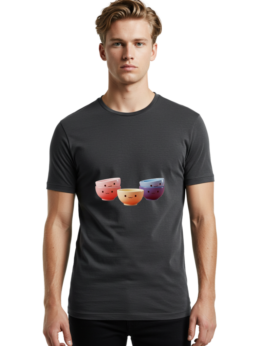 Stacked-Bowls-1 Men'S Graphic Tee, 100% Cotton, Comfortable Casual Summer Wear, Machine Washable, Ceramic Bowls, Smiling Faces, Colorful Dinnerware, Pastel Colors, Happy Kitchen Accessories, Table Setting, Cute Home Decor, Unique Gift Ideas Bab447