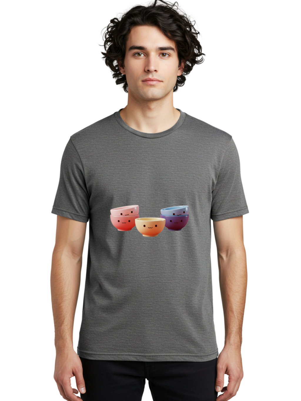 Stacked-Bowls-1 Men'S Graphic Tee, 100% Cotton, Comfortable Casual Summer Wear, Machine Washable, Ceramic Bowls, Smiling Faces, Colorful Dinnerware, Pastel Colors, Happy Kitchen Accessories, Table Setting, Cute Home Decor, Unique Gift Ideas Bab447