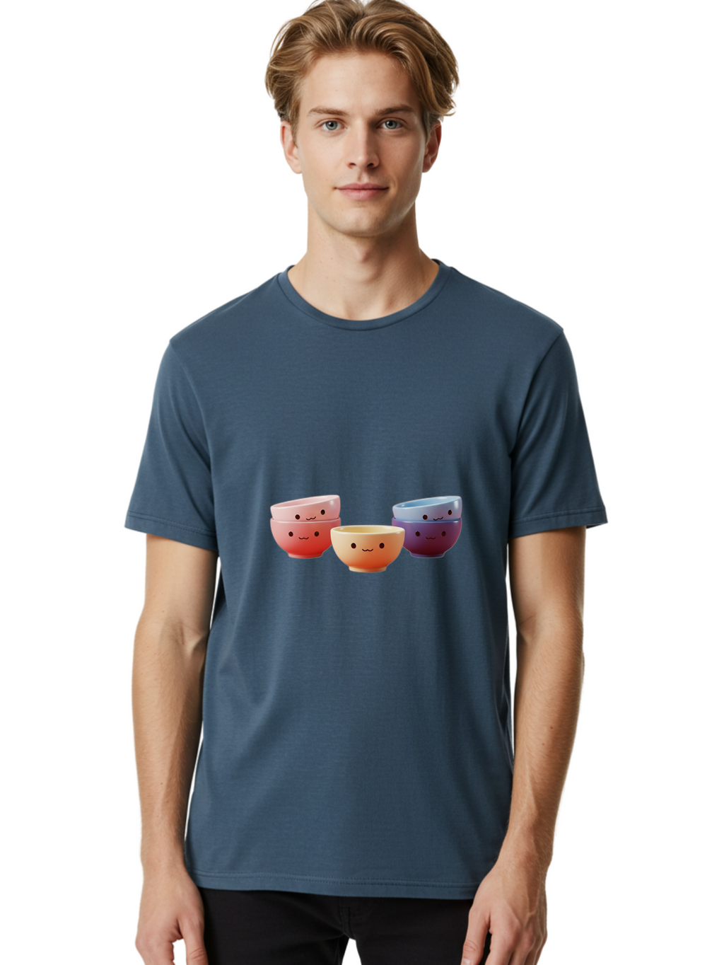 Stacked-Bowls-1 Men'S Graphic Tee, 100% Cotton, Comfortable Casual Summer Wear, Machine Washable, Ceramic Bowls, Smiling Faces, Colorful Dinnerware, Pastel Colors, Happy Kitchen Accessories, Table Setting, Cute Home Decor, Unique Gift Ideas Bab447