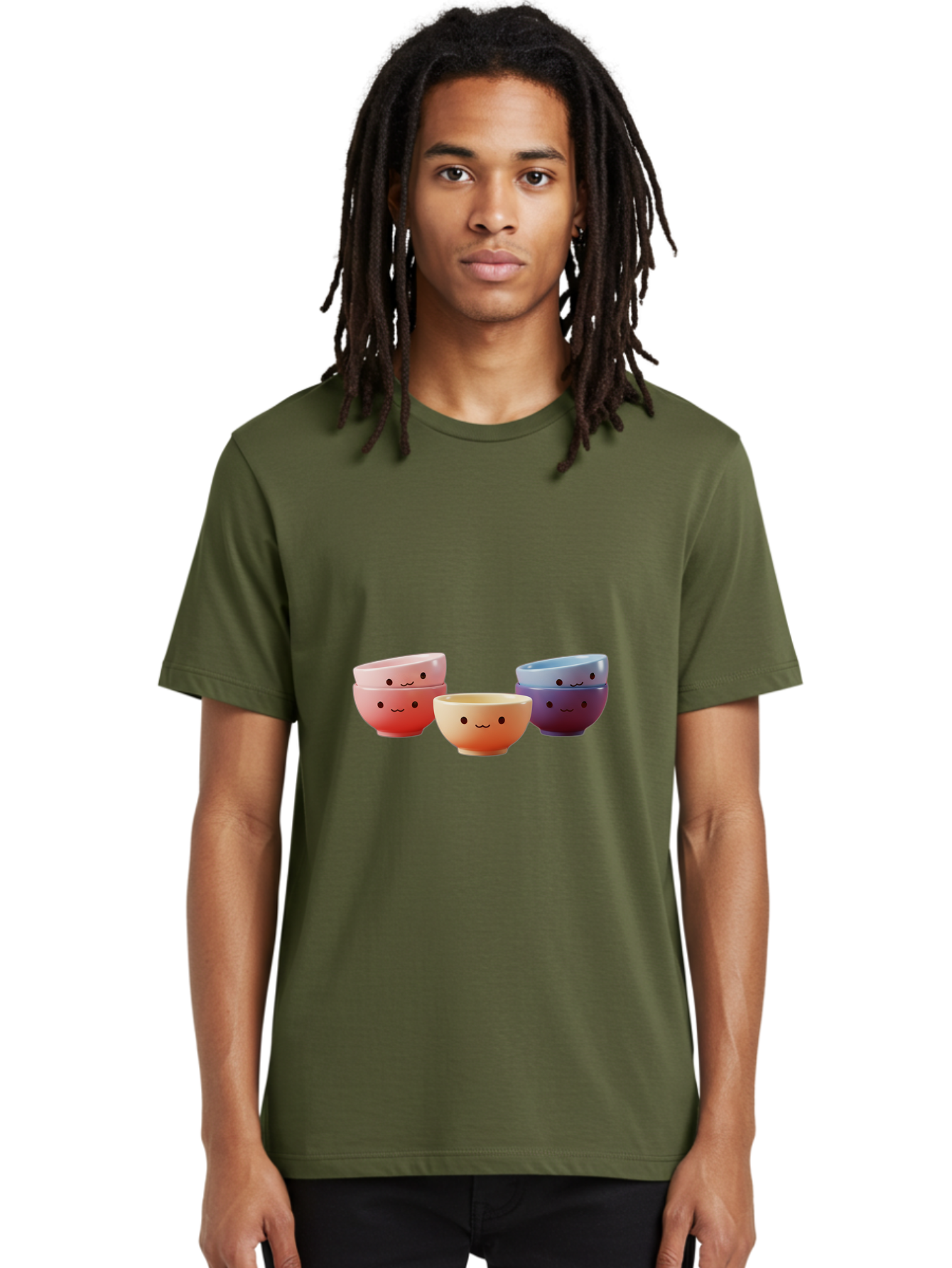 Stacked-Bowls-1 Men'S Graphic Tee, 100% Cotton, Comfortable Casual Summer Wear, Machine Washable, Ceramic Bowls, Smiling Faces, Colorful Dinnerware, Pastel Colors, Happy Kitchen Accessories, Table Setting, Cute Home Decor, Unique Gift Ideas Bab447