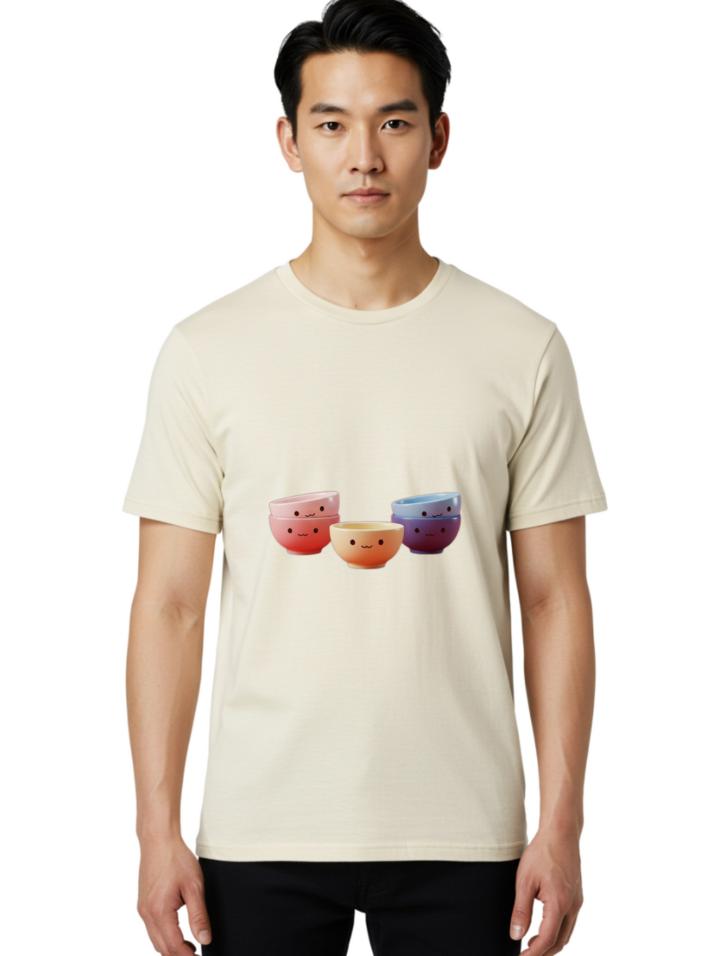 Stacked-Bowls-1 Men'S Graphic Tee, 100% Cotton, Comfortable Casual Summer Wear, Machine Washable, Ceramic Bowls, Smiling Faces, Colorful Dinnerware, Pastel Colors, Happy Kitchen Accessories, Table Setting, Cute Home Decor, Unique Gift Ideas Bab447