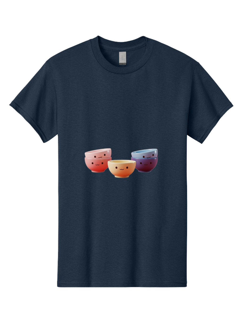 Stacked-Bowls-1 Men'S Graphic Tee, 100% Cotton, Comfortable Casual Summer Wear, Machine Washable, Ceramic Bowls, Smiling Faces, Colorful Dinnerware, Pastel Colors, Happy Kitchen Accessories, Table Setting, Cute Home Decor, Unique Gift Ideas Bab447