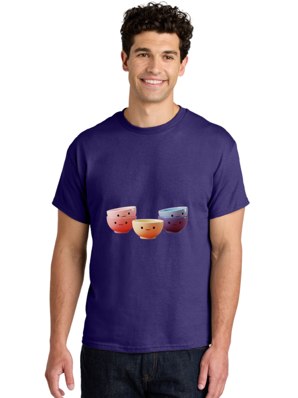 Stacked-Bowls-1 Men'S Graphic Tee, 100% Cotton, Comfortable Casual Summer Wear, Machine Washable, Ceramic Bowls, Smiling Faces, Colorful Dinnerware, Pastel Colors, Happy Kitchen Accessories, Table Setting, Cute Home Decor, Unique Gift Ideas Bab447