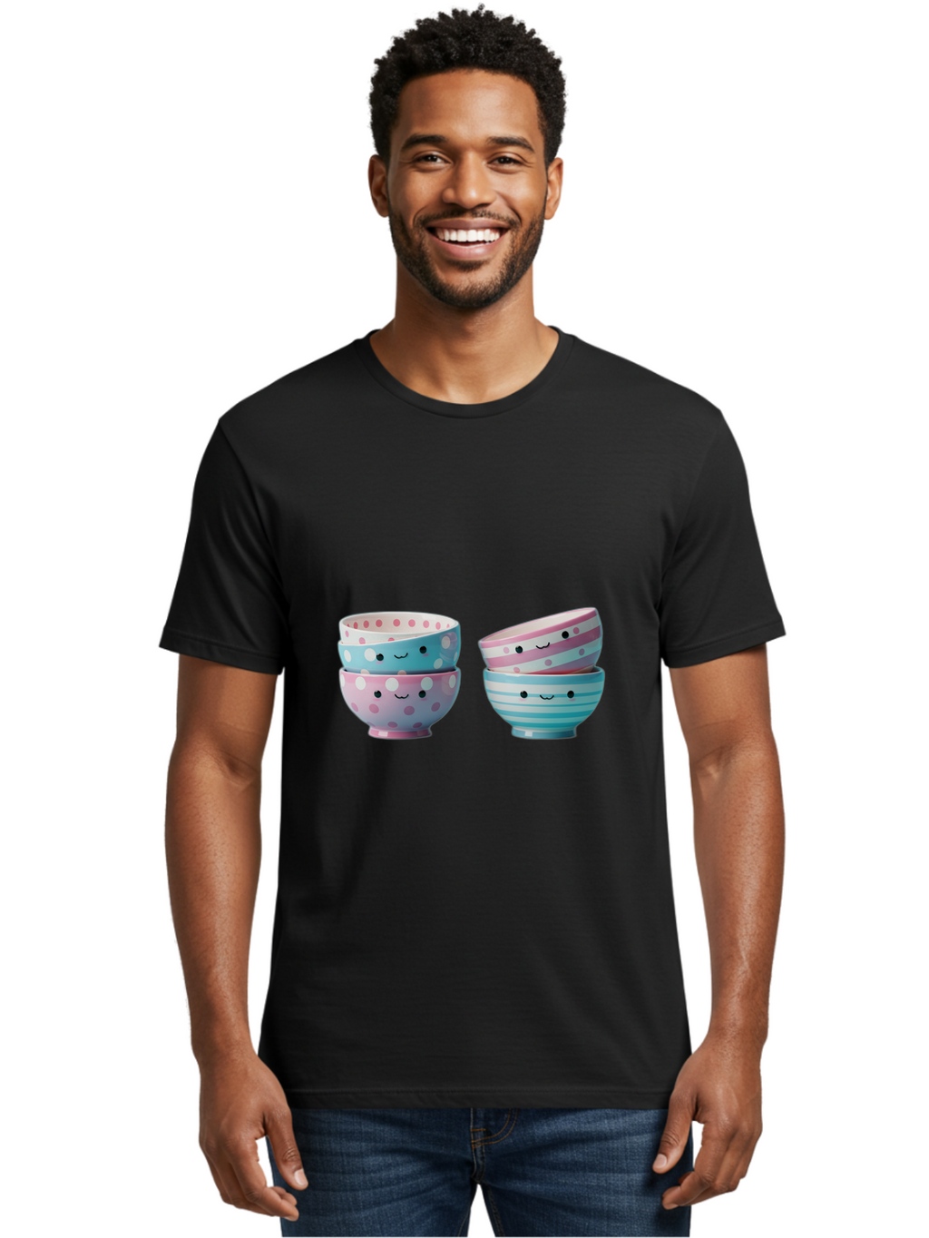 Stacked-Bowls-2 Men'S Graphic Tee, 100% Cotton, Comfortable Casual Summer Wear, Machine Washable, Stacked Bowls, Pastel Colors, Polka Dots, Stripes, Cute Faces, Smiling Bowls, Playful Tableware, Colorful Kitchenware, Whimsical Design, Bab448
