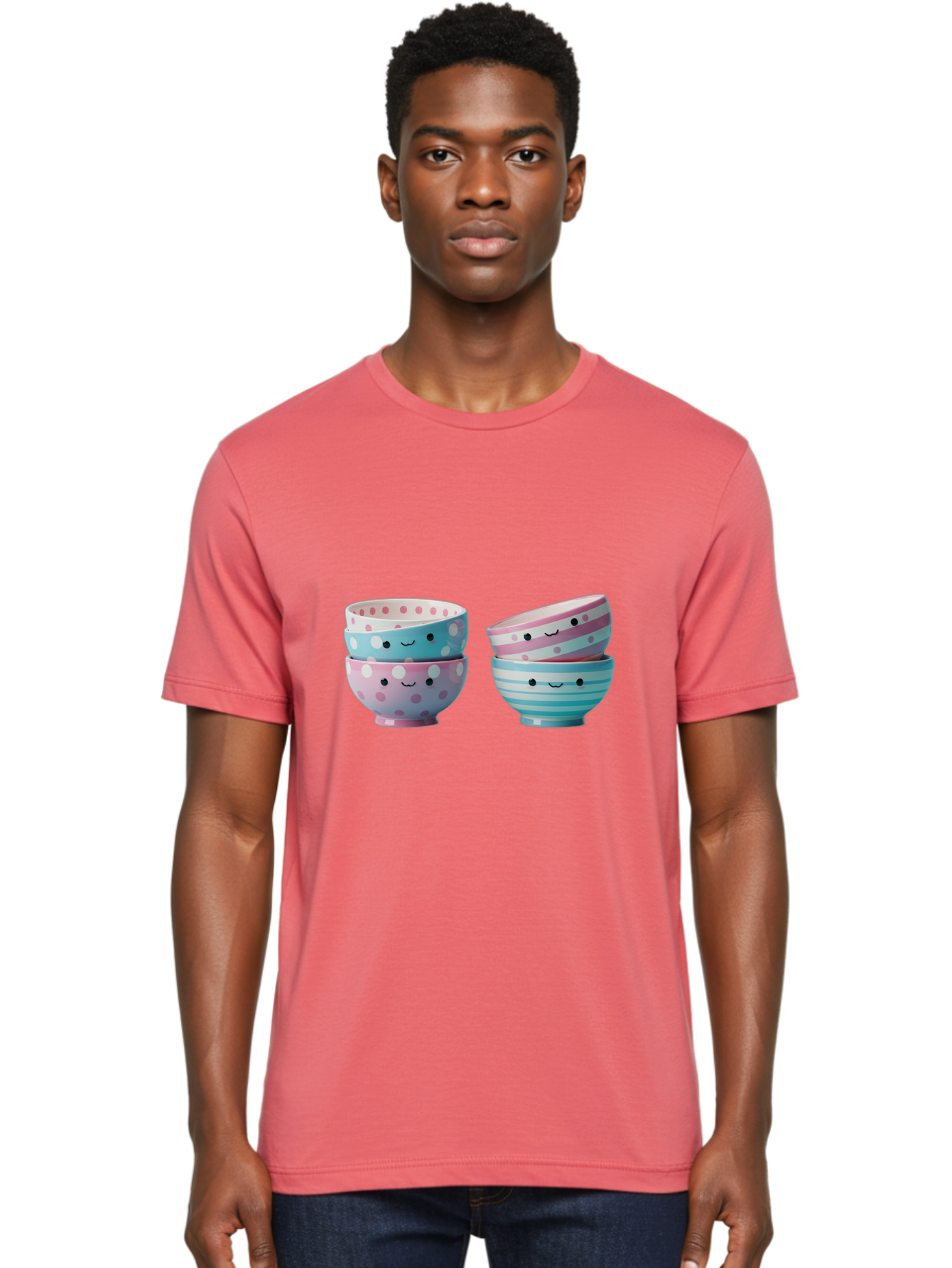 Stacked-Bowls-2 Men'S Graphic Tee, 100% Cotton, Comfortable Casual Summer Wear, Machine Washable, Stacked Bowls, Pastel Colors, Polka Dots, Stripes, Cute Faces, Smiling Bowls, Playful Tableware, Colorful Kitchenware, Whimsical Design, Bab448