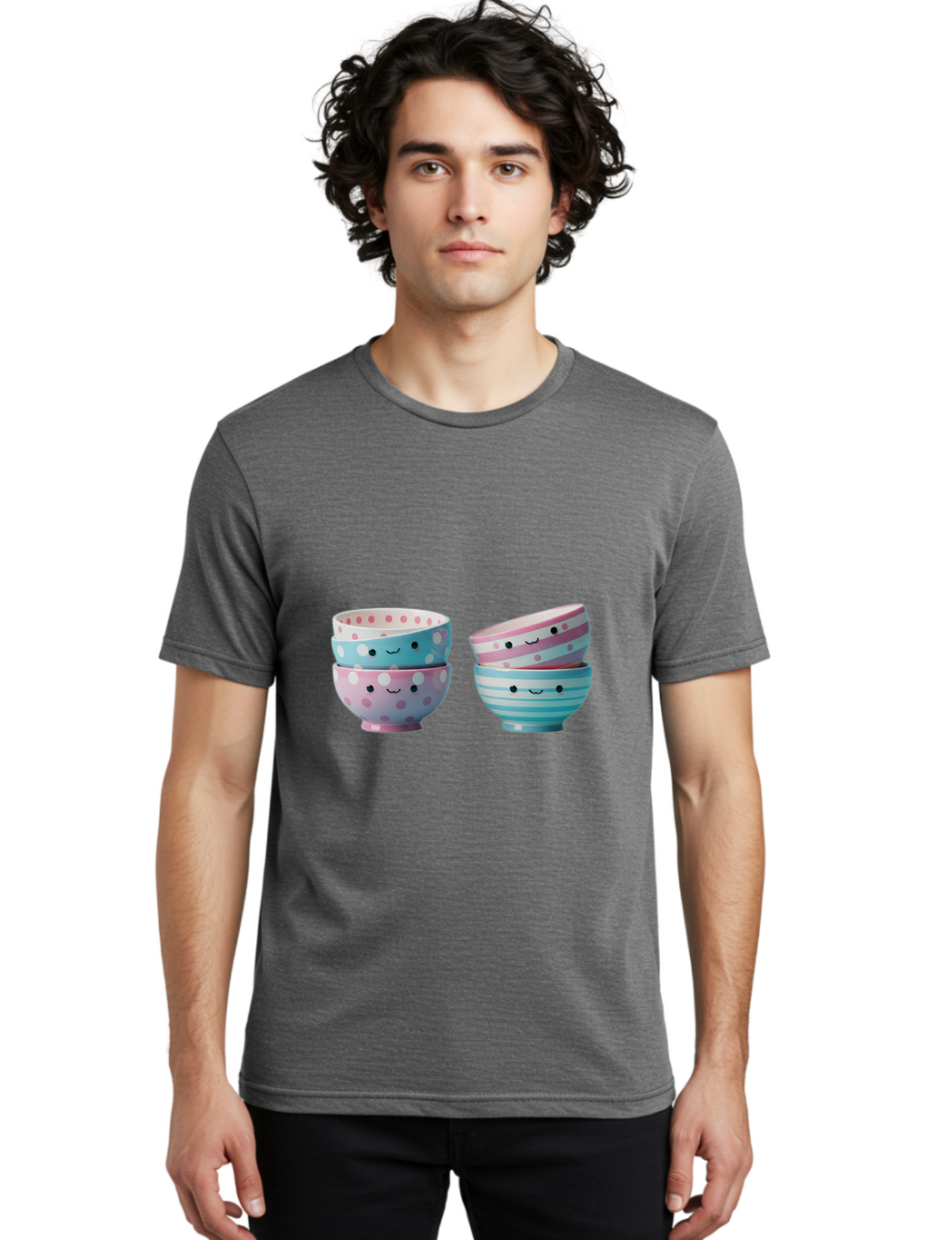 Stacked-Bowls-2 Men'S Graphic Tee, 100% Cotton, Comfortable Casual Summer Wear, Machine Washable, Stacked Bowls, Pastel Colors, Polka Dots, Stripes, Cute Faces, Smiling Bowls, Playful Tableware, Colorful Kitchenware, Whimsical Design, Bab448