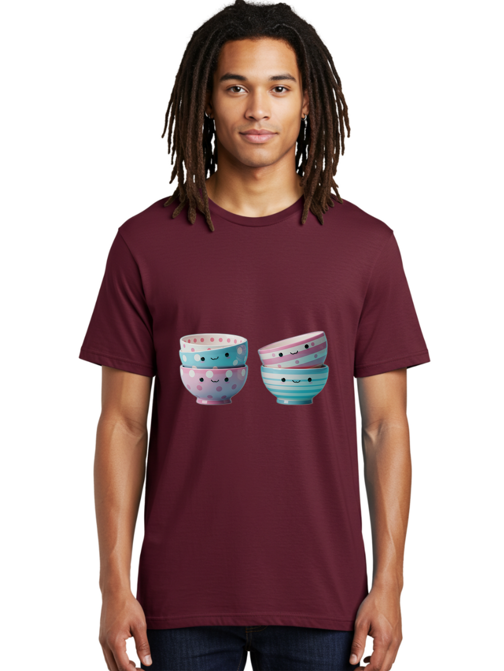 Stacked-Bowls-2 Men'S Graphic Tee, 100% Cotton, Comfortable Casual Summer Wear, Machine Washable, Stacked Bowls, Pastel Colors, Polka Dots, Stripes, Cute Faces, Smiling Bowls, Playful Tableware, Colorful Kitchenware, Whimsical Design, Bab448