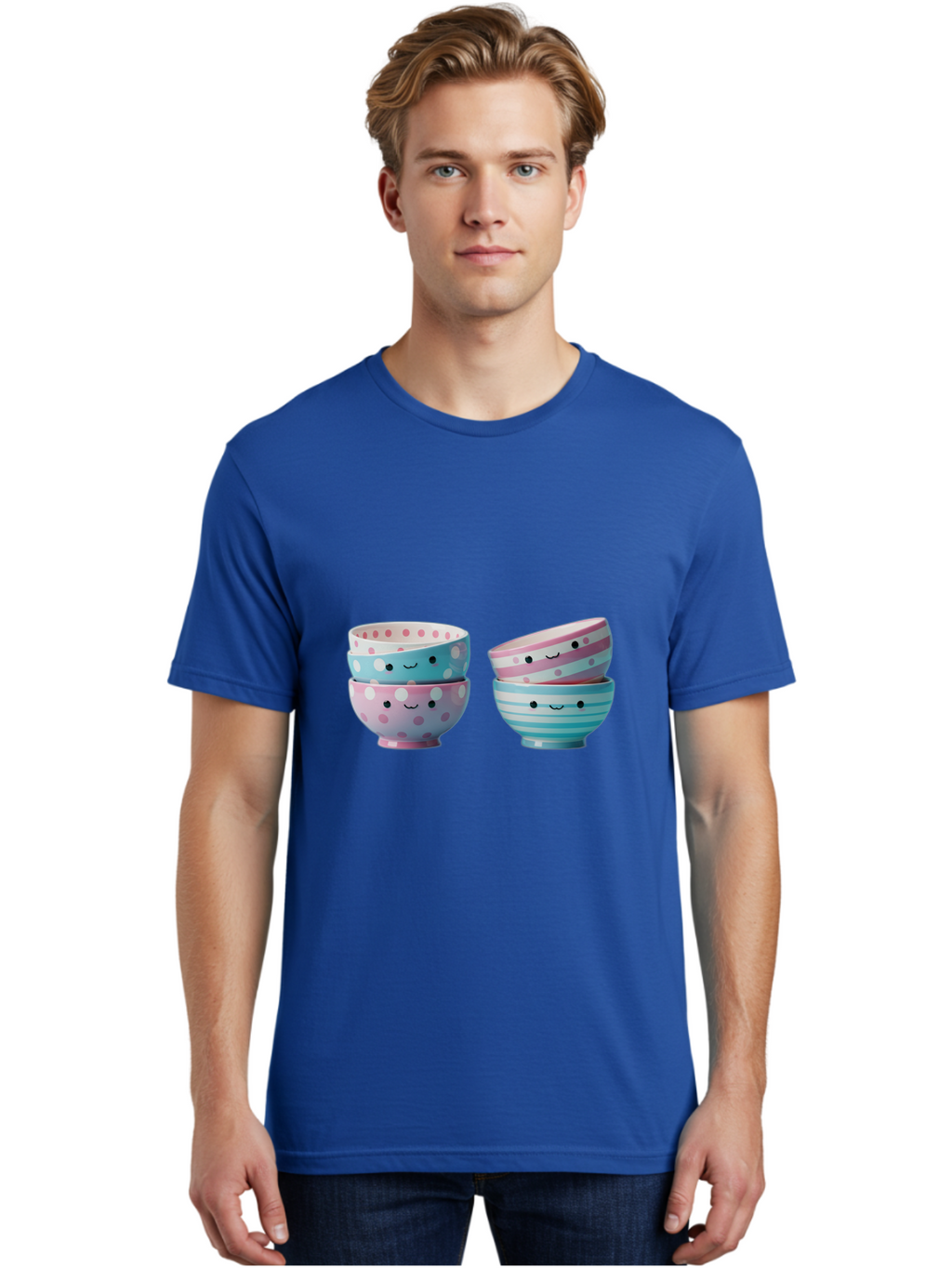 Stacked-Bowls-2 Men'S Graphic Tee, 100% Cotton, Comfortable Casual Summer Wear, Machine Washable, Stacked Bowls, Pastel Colors, Polka Dots, Stripes, Cute Faces, Smiling Bowls, Playful Tableware, Colorful Kitchenware, Whimsical Design, Bab448