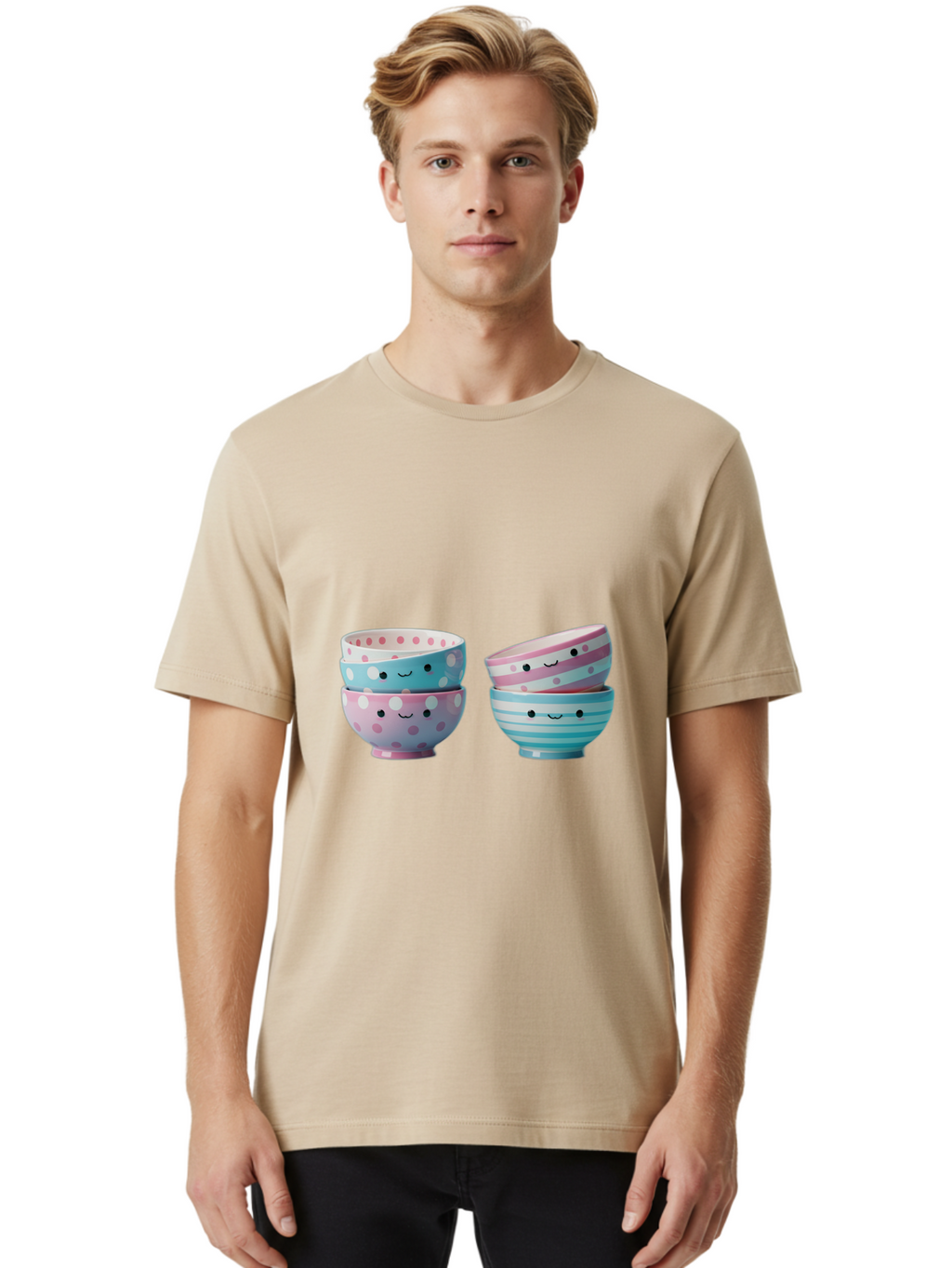 Stacked-Bowls-2 Men'S Graphic Tee, 100% Cotton, Comfortable Casual Summer Wear, Machine Washable, Stacked Bowls, Pastel Colors, Polka Dots, Stripes, Cute Faces, Smiling Bowls, Playful Tableware, Colorful Kitchenware, Whimsical Design, Bab448