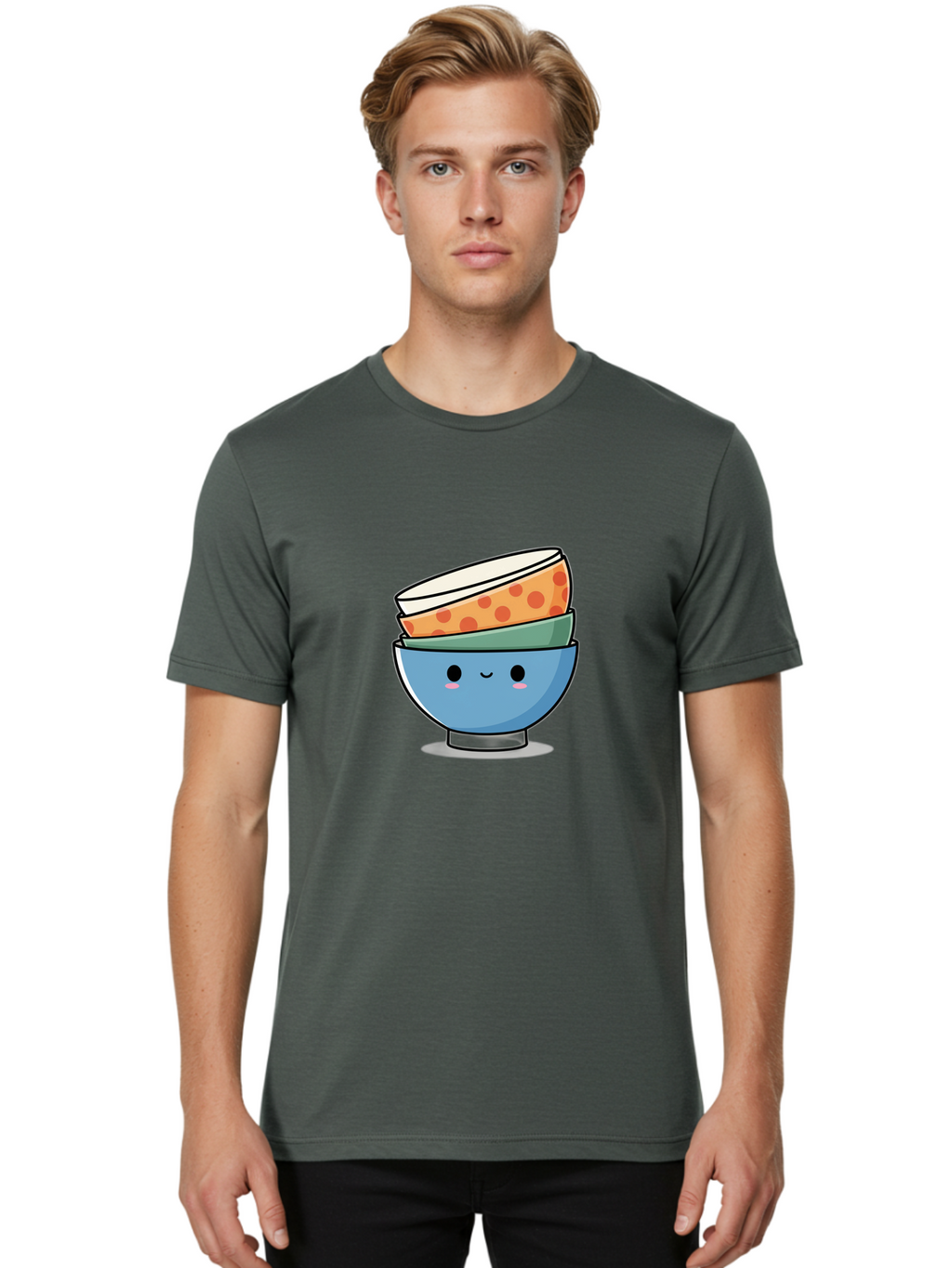Stacked-Bowls Men'S Graphic Tee, 100% Cotton, Comfortable Casual Summer Wear, Machine Washable, Stacked Bowls, Cartoon Character, Kitchen Utensils, Tableware, Kawaii Art, Cute Illustration, Playful Design, Smiling Bowls, Colorful Pattern, Bab449