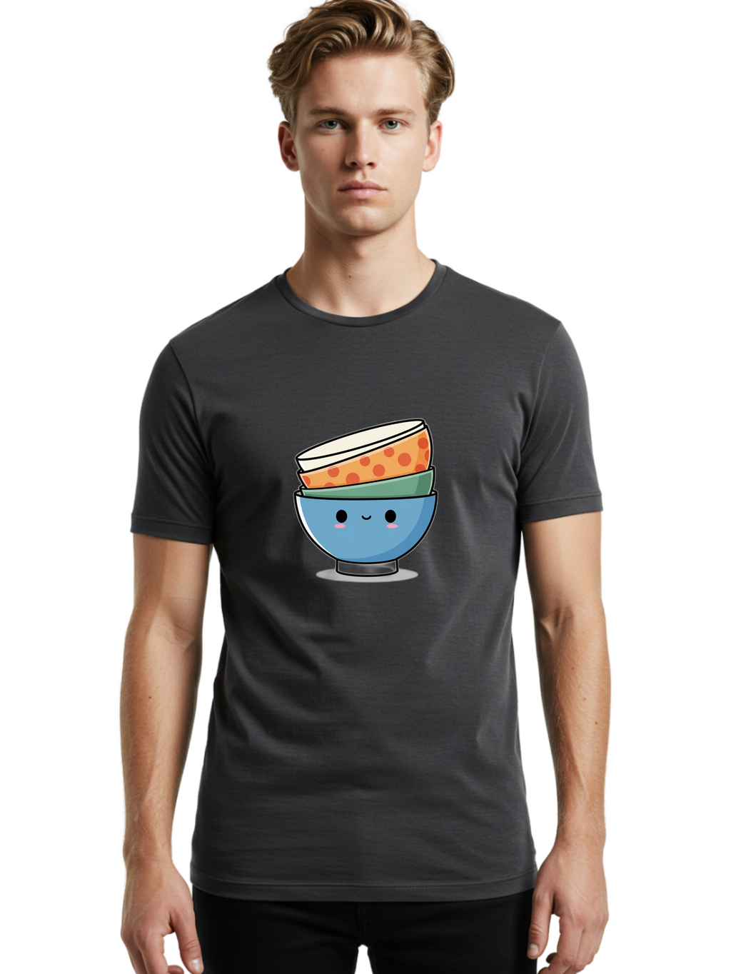 Stacked-Bowls Men'S Graphic Tee, 100% Cotton, Comfortable Casual Summer Wear, Machine Washable, Stacked Bowls, Cartoon Character, Kitchen Utensils, Tableware, Kawaii Art, Cute Illustration, Playful Design, Smiling Bowls, Colorful Pattern, Bab449