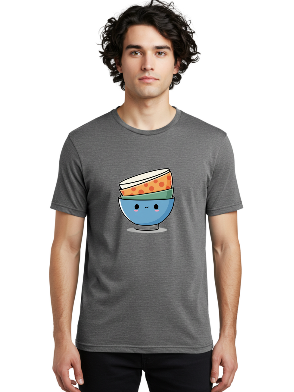 Stacked-Bowls Men'S Graphic Tee, 100% Cotton, Comfortable Casual Summer Wear, Machine Washable, Stacked Bowls, Cartoon Character, Kitchen Utensils, Tableware, Kawaii Art, Cute Illustration, Playful Design, Smiling Bowls, Colorful Pattern, Bab449