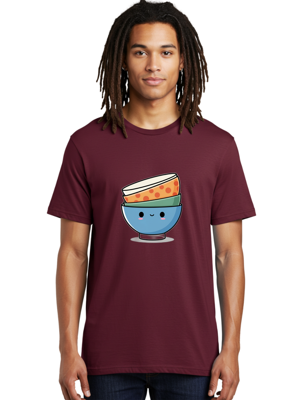 Stacked-Bowls Men'S Graphic Tee, 100% Cotton, Comfortable Casual Summer Wear, Machine Washable, Stacked Bowls, Cartoon Character, Kitchen Utensils, Tableware, Kawaii Art, Cute Illustration, Playful Design, Smiling Bowls, Colorful Pattern, Bab449
