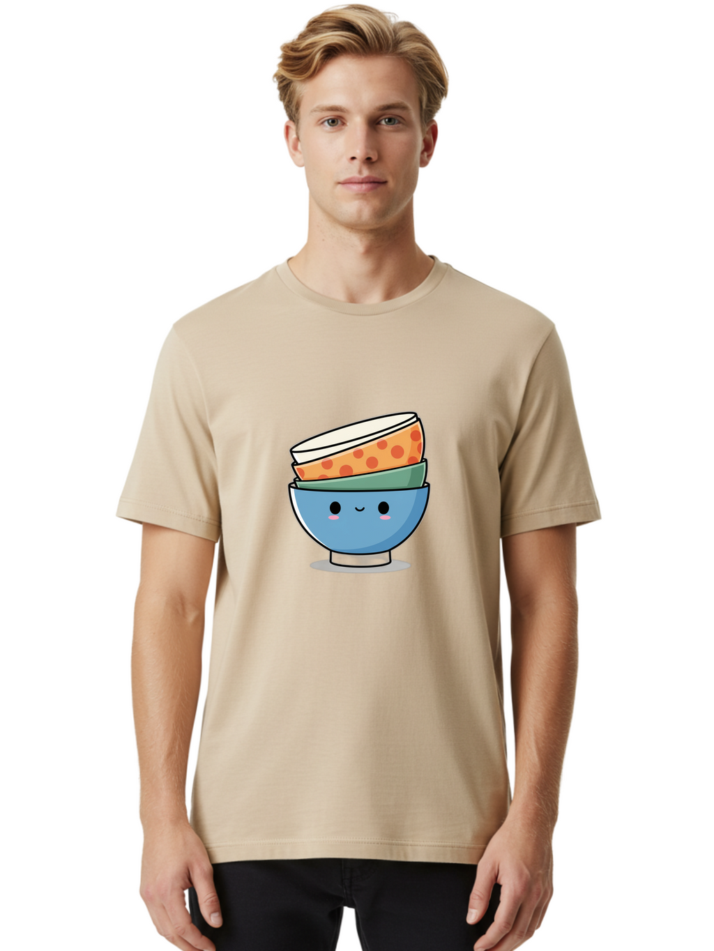 Stacked-Bowls Men'S Graphic Tee, 100% Cotton, Comfortable Casual Summer Wear, Machine Washable, Stacked Bowls, Cartoon Character, Kitchen Utensils, Tableware, Kawaii Art, Cute Illustration, Playful Design, Smiling Bowls, Colorful Pattern, Bab449