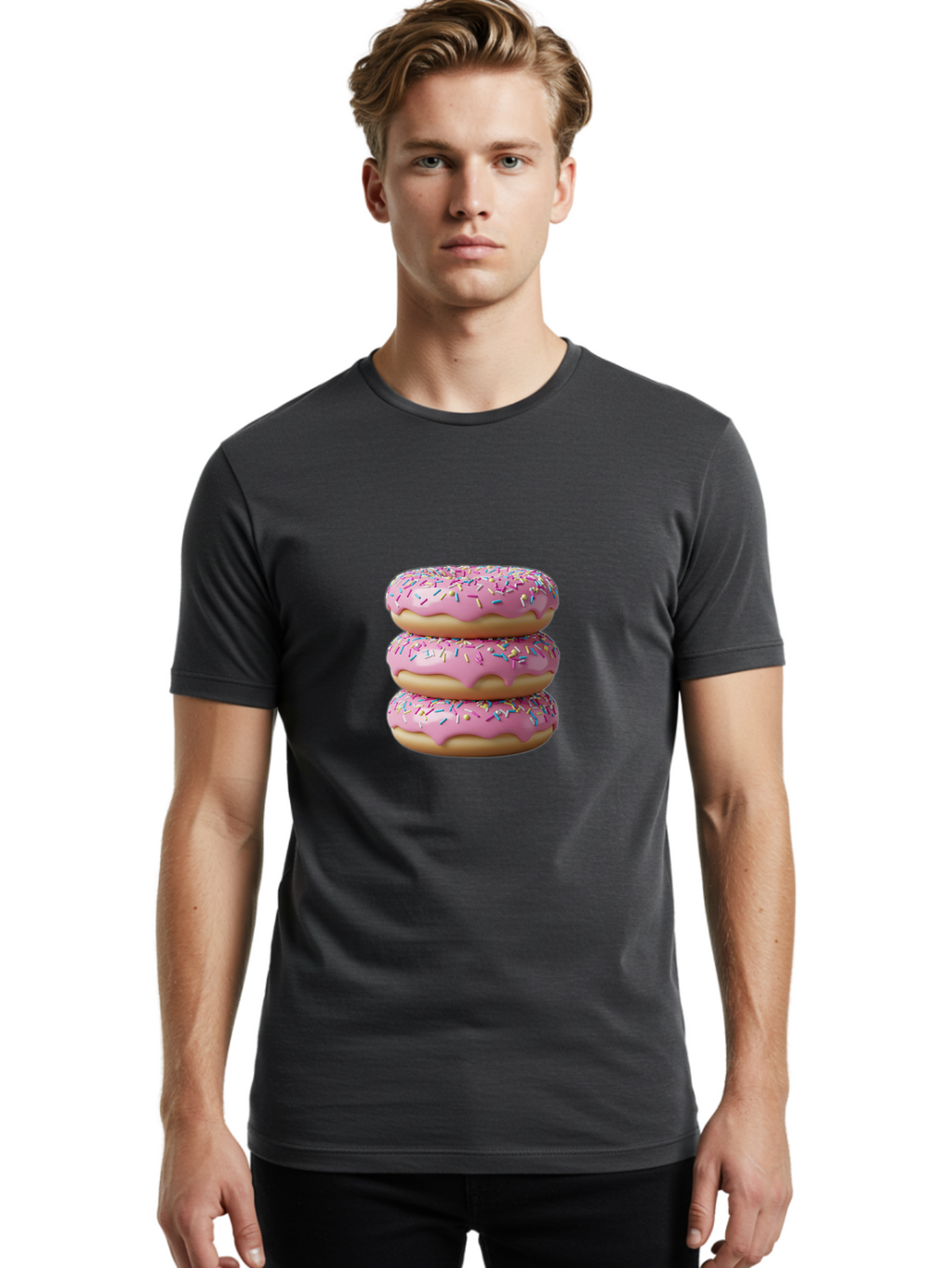 Stacked-Donuts Men'S Graphic Tee, 100% Cotton, Comfortable Casual Summer Wear, Machine Washable, Pink Frosted Donuts, Donuts With Sprinkles, Sweet Treats, Dessert Donuts, Colorful Donuts, Baked Goods, Tasty Pastries, Donut Stack, Sweet Tooth, Bab450