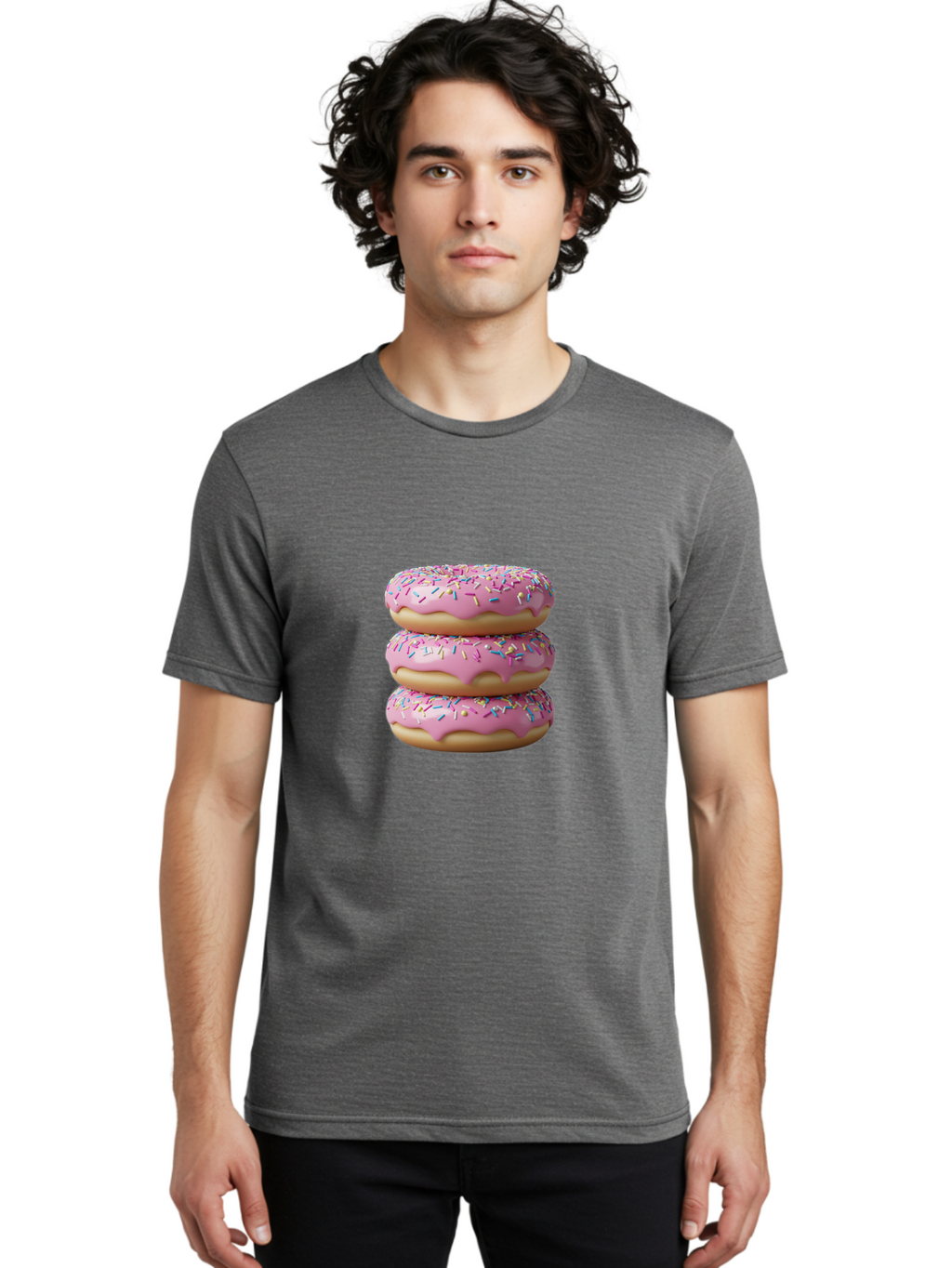 Stacked-Donuts Men'S Graphic Tee, 100% Cotton, Comfortable Casual Summer Wear, Machine Washable, Pink Frosted Donuts, Donuts With Sprinkles, Sweet Treats, Dessert Donuts, Colorful Donuts, Baked Goods, Tasty Pastries, Donut Stack, Sweet Tooth, Bab450