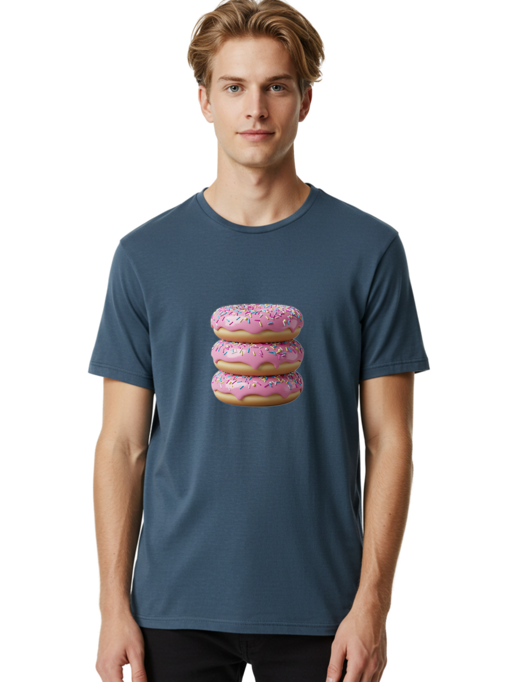 Stacked-Donuts Men'S Graphic Tee, 100% Cotton, Comfortable Casual Summer Wear, Machine Washable, Pink Frosted Donuts, Donuts With Sprinkles, Sweet Treats, Dessert Donuts, Colorful Donuts, Baked Goods, Tasty Pastries, Donut Stack, Sweet Tooth, Bab450