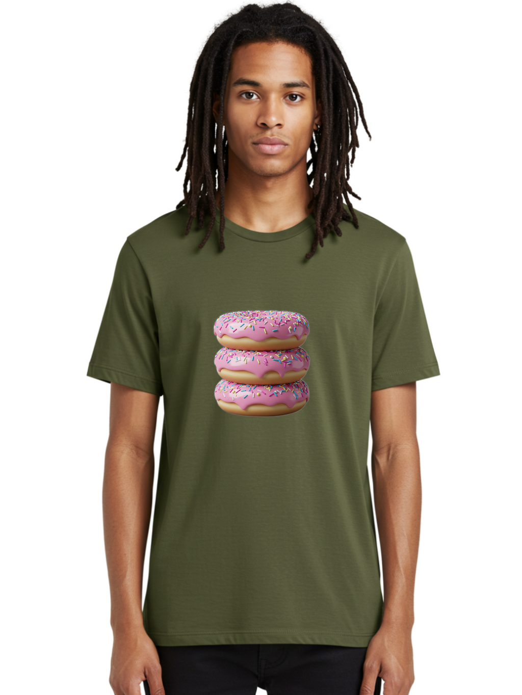 Stacked-Donuts Men'S Graphic Tee, 100% Cotton, Comfortable Casual Summer Wear, Machine Washable, Pink Frosted Donuts, Donuts With Sprinkles, Sweet Treats, Dessert Donuts, Colorful Donuts, Baked Goods, Tasty Pastries, Donut Stack, Sweet Tooth, Bab450