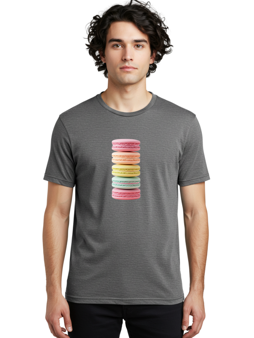 Stacked-Macarons-1 Men'S Graphic Tee, 100% Cotton, Comfortable Casual Summer Wear, Machine Washable, Colorful Macarons, Pastel Colors, Stacked Treats, Sweet Delights, Dessert Lovers, Macaron Tower, French Patisserie, Colorful Sweets, Bab451