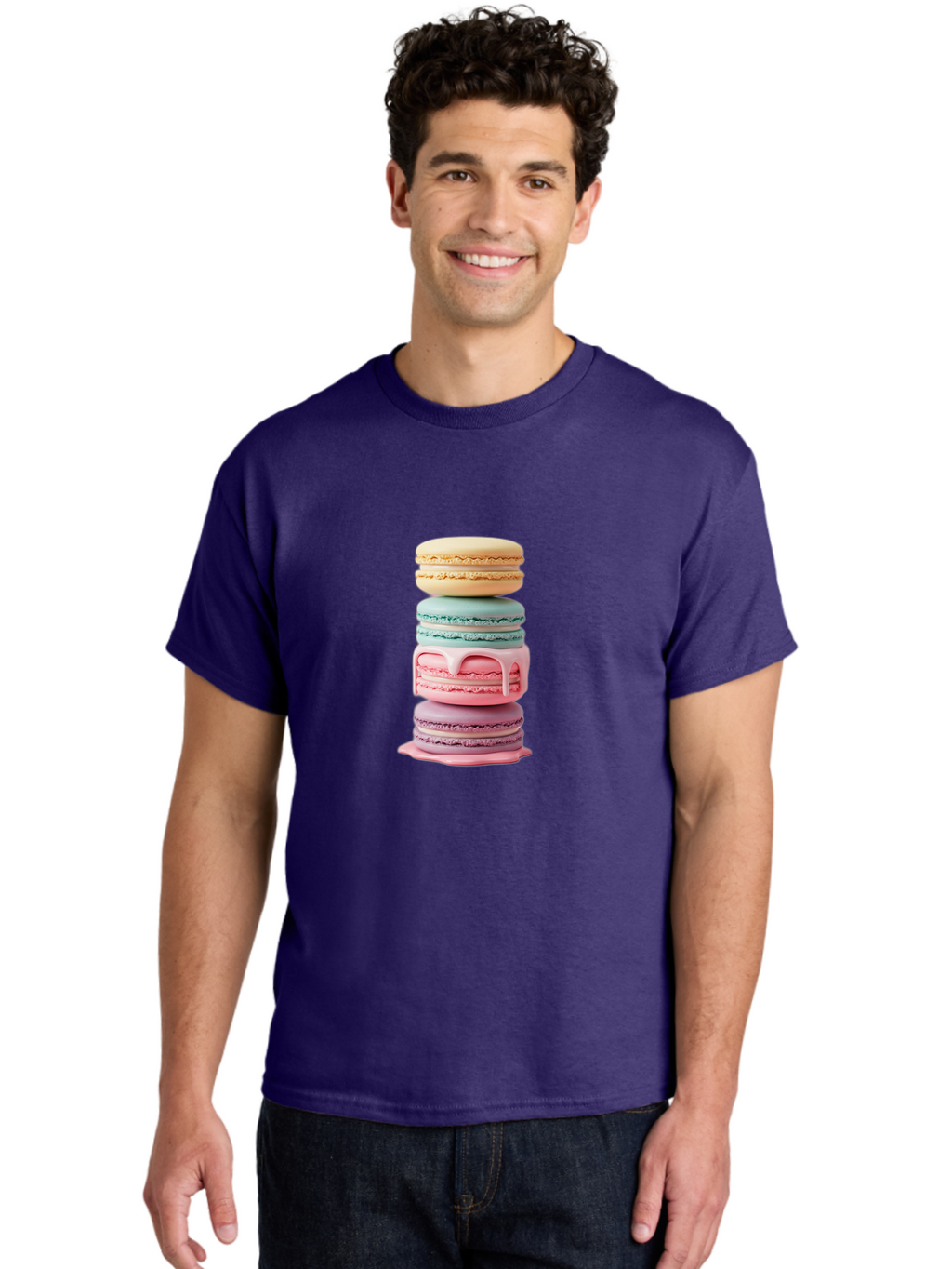 Stacked-Macarons-3 Men'S Graphic Tee, 100% Cotton, Comfortable Casual Summer Wear, Machine Washable, Stack Of Macarons, Pastel Colors, Sweet Treats, Dessert Lovers, French Patisserie, Creamy Filling, Delicate Meringue, Layered Macarons, Bab453
