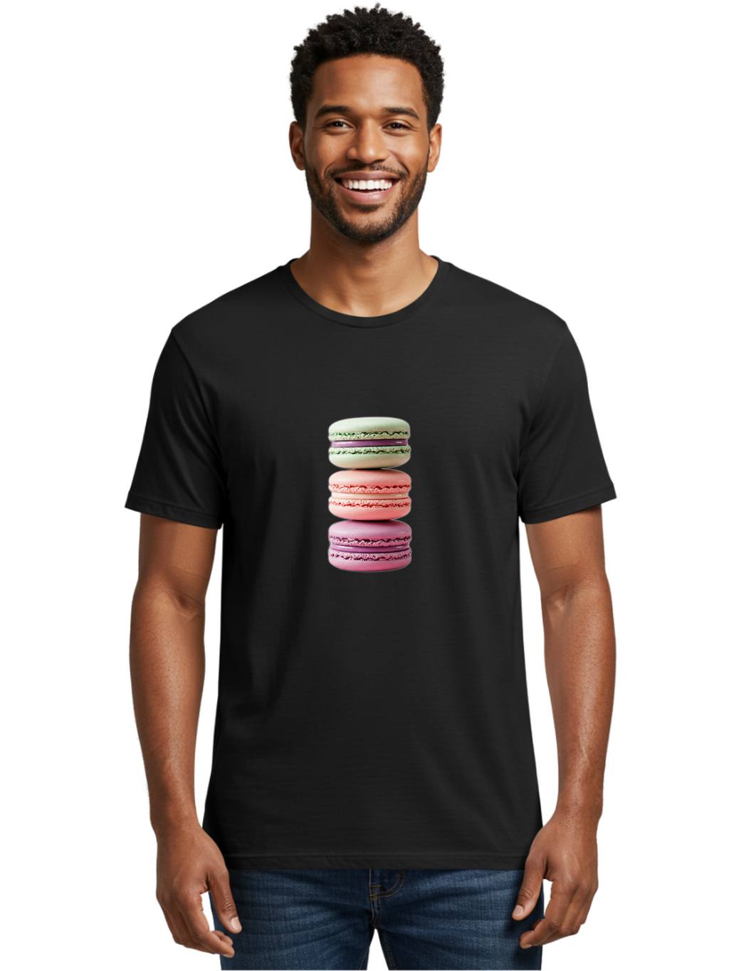 Stacked-Macarons-4 Men'S Graphic Tee, 100% Cotton, Comfortable Casual Summer Wear, Machine Washable, Pink And White Macarons, Stacked Macarons, Pastel Colors, French Desserts, Sweet Treats, Baked Goods, Delicate Texture, Creamy Filling Bab454