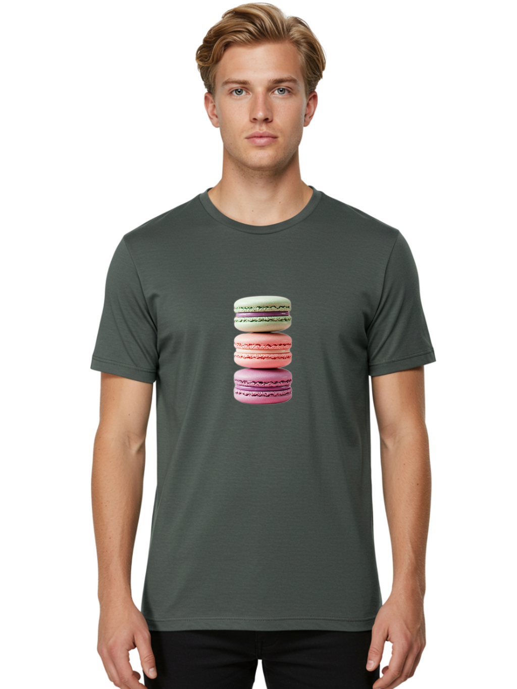 Stacked-Macarons-4 Men'S Graphic Tee, 100% Cotton, Comfortable Casual Summer Wear, Machine Washable, Pink And White Macarons, Stacked Macarons, Pastel Colors, French Desserts, Sweet Treats, Baked Goods, Delicate Texture, Creamy Filling Bab454