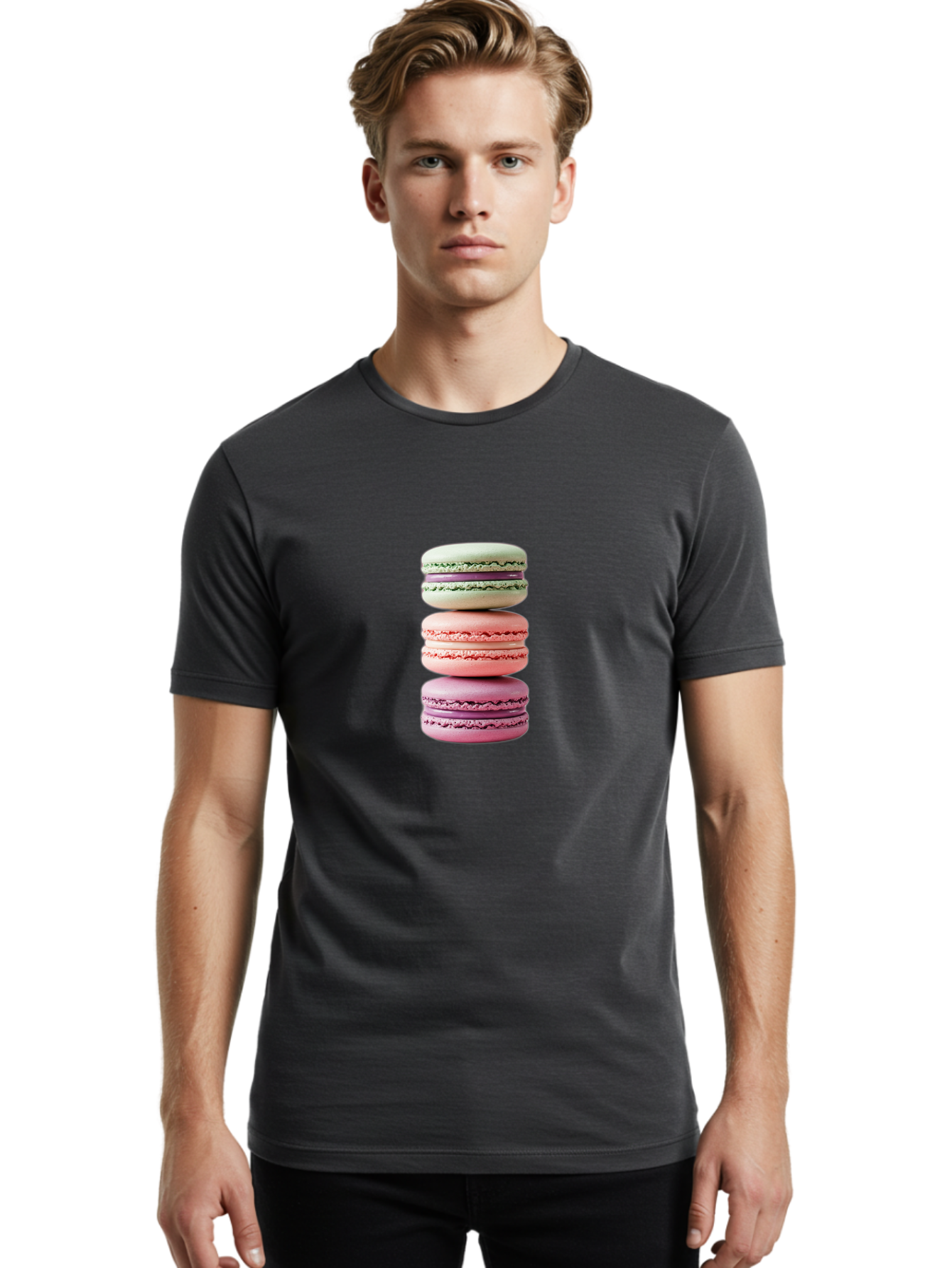 Stacked-Macarons-4 Men'S Graphic Tee, 100% Cotton, Comfortable Casual Summer Wear, Machine Washable, Pink And White Macarons, Stacked Macarons, Pastel Colors, French Desserts, Sweet Treats, Baked Goods, Delicate Texture, Creamy Filling Bab454