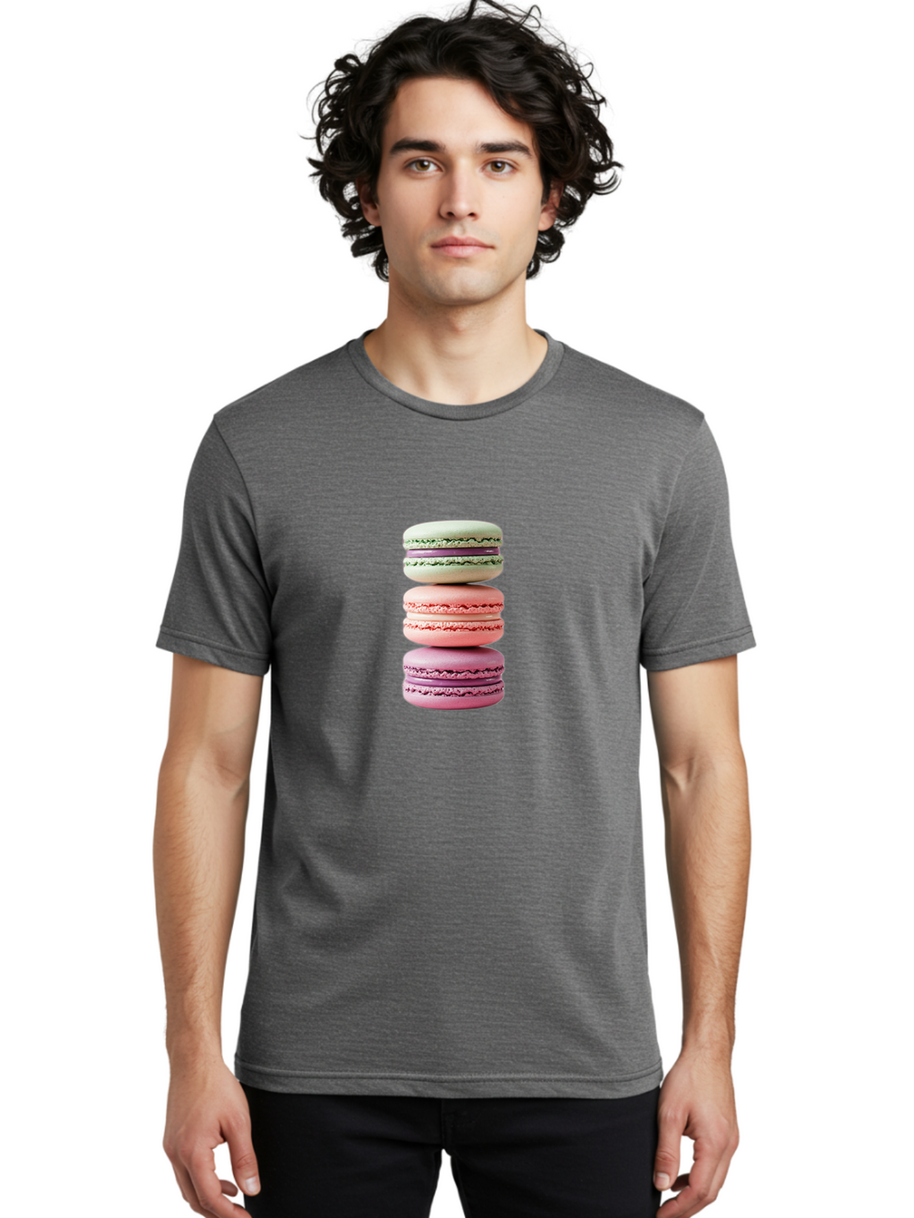 Stacked-Macarons-4 Men'S Graphic Tee, 100% Cotton, Comfortable Casual Summer Wear, Machine Washable, Pink And White Macarons, Stacked Macarons, Pastel Colors, French Desserts, Sweet Treats, Baked Goods, Delicate Texture, Creamy Filling Bab454