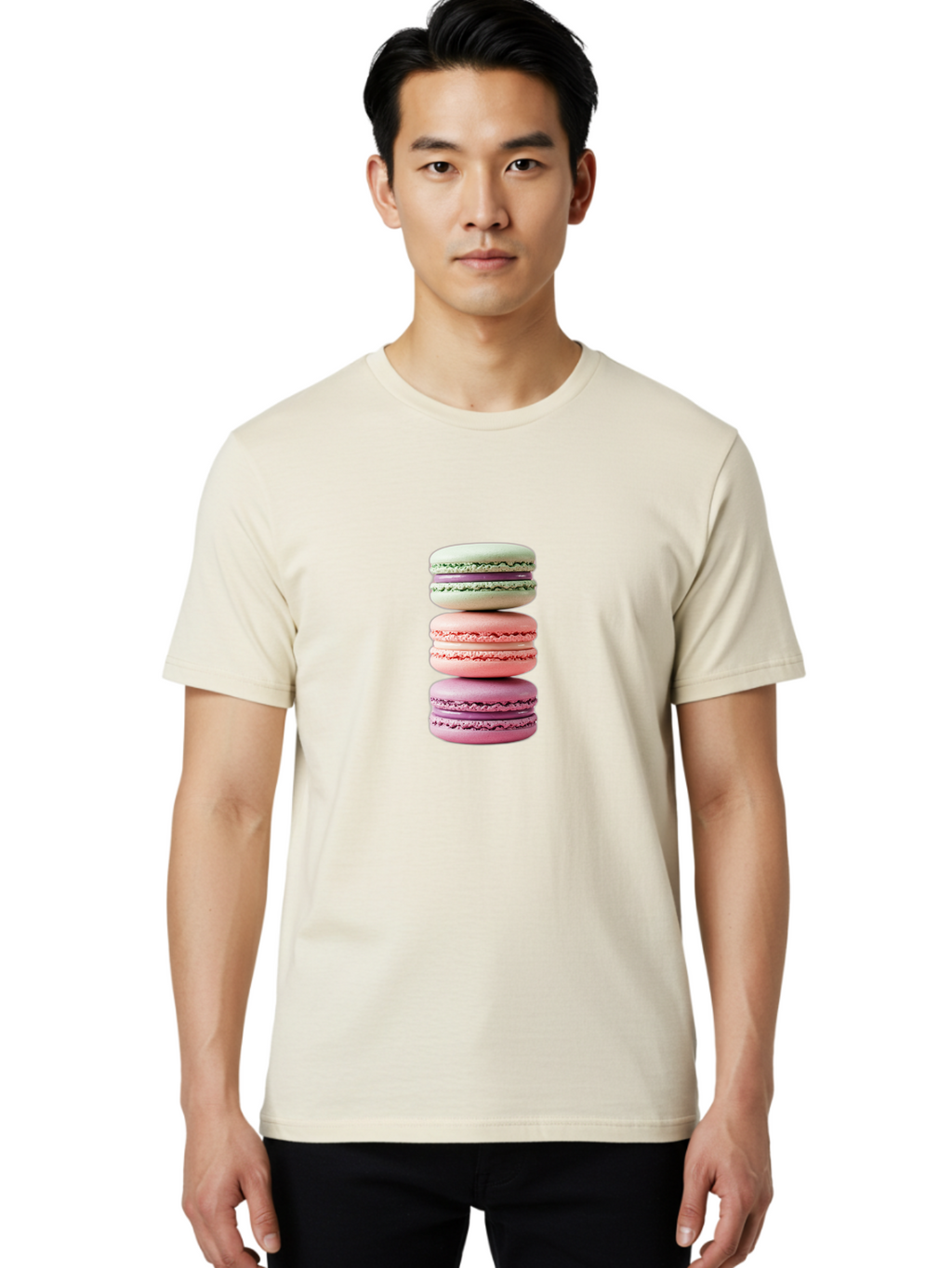 Stacked-Macarons-4 Men'S Graphic Tee, 100% Cotton, Comfortable Casual Summer Wear, Machine Washable, Pink And White Macarons, Stacked Macarons, Pastel Colors, French Desserts, Sweet Treats, Baked Goods, Delicate Texture, Creamy Filling Bab454