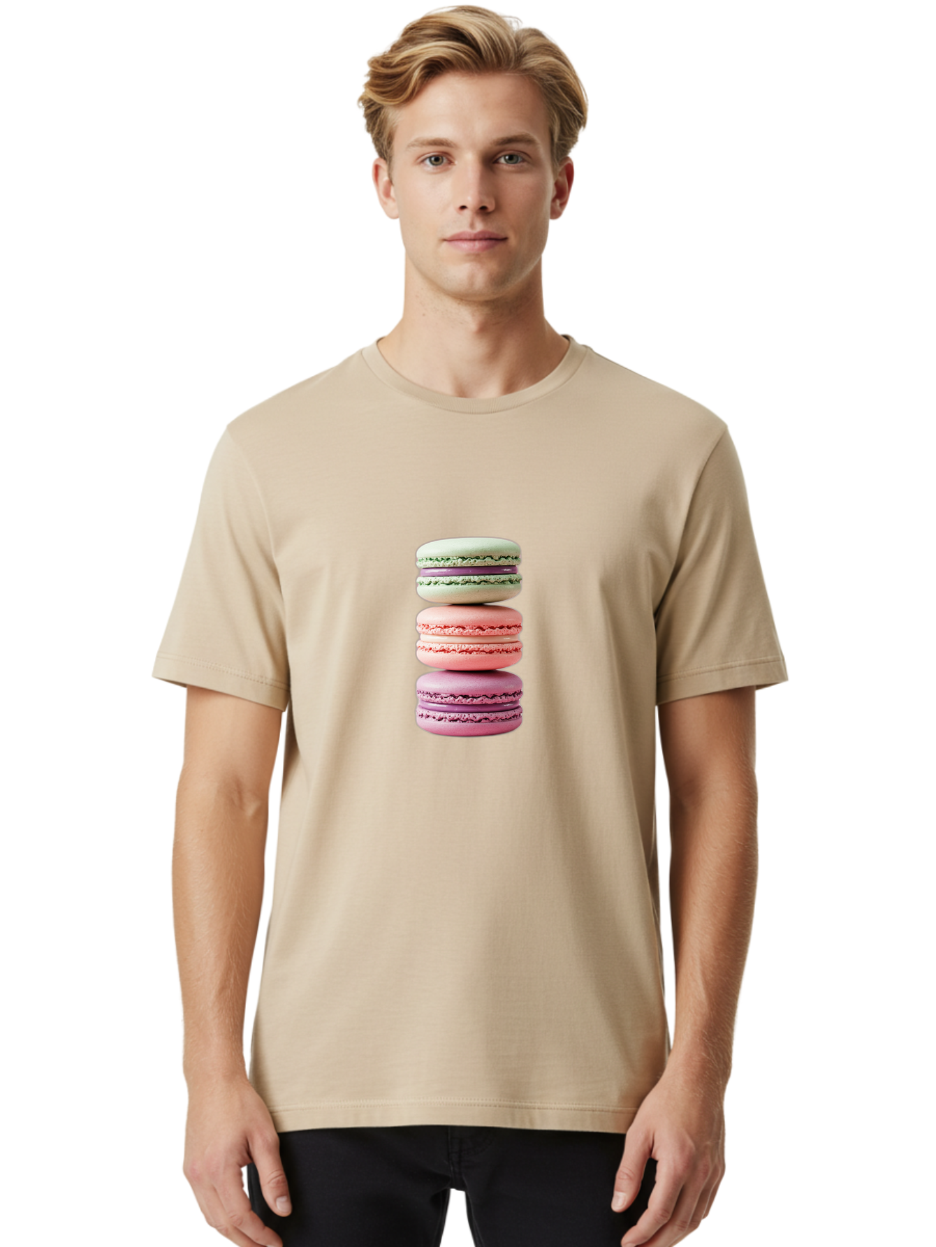 Stacked-Macarons-4 Men'S Graphic Tee, 100% Cotton, Comfortable Casual Summer Wear, Machine Washable, Pink And White Macarons, Stacked Macarons, Pastel Colors, French Desserts, Sweet Treats, Baked Goods, Delicate Texture, Creamy Filling Bab454