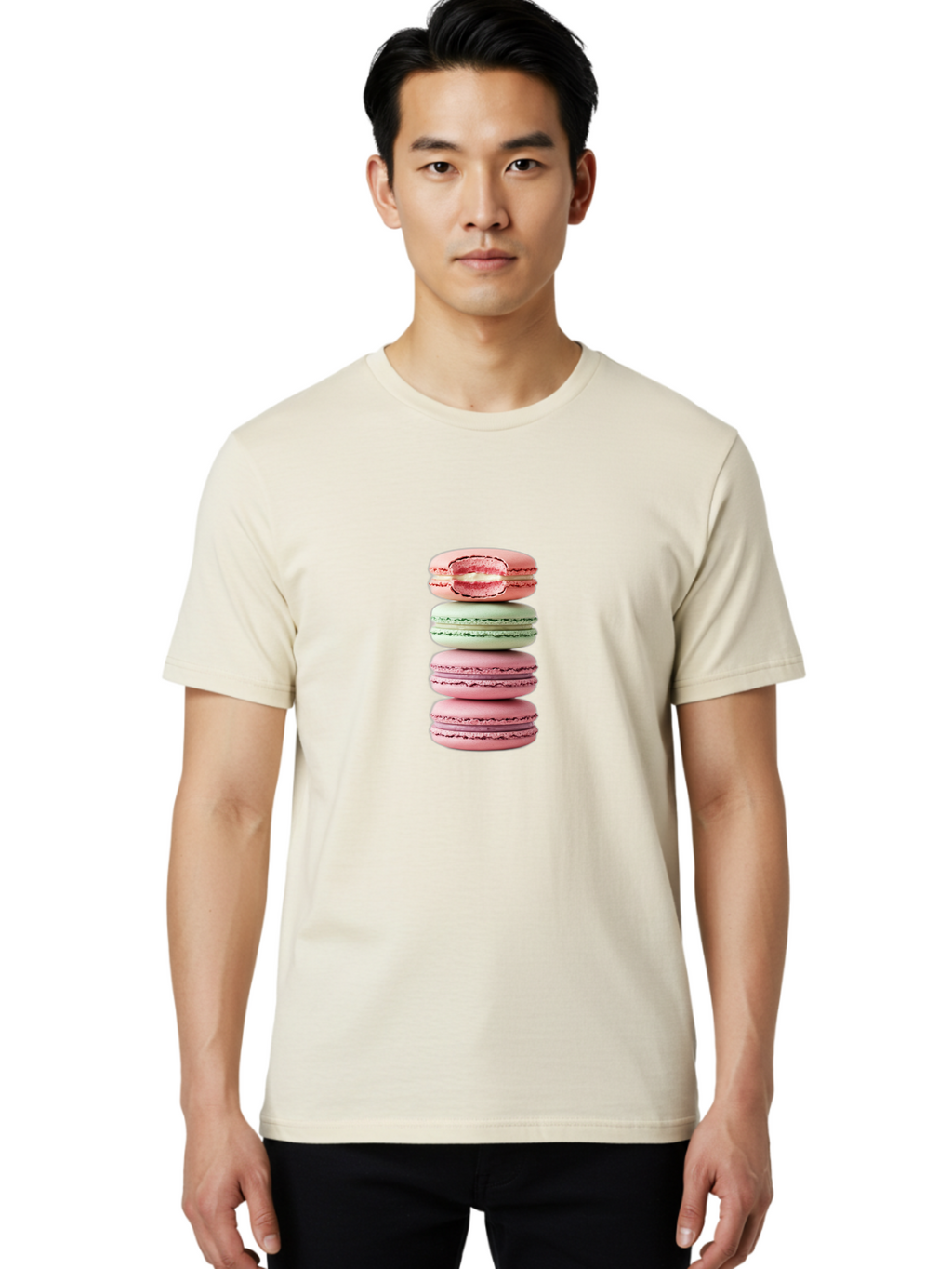 Stacked-Macarons Men'S Graphic Tee, 100% Cotton, Comfortable Casual Summer Wear, Machine Washable, Pink And Green Macarons, Stacked Macarons, French Patisserie, Sweet Treats, Delicate Desserts, Colorful Cookies, Tasty Macarons Bab455
