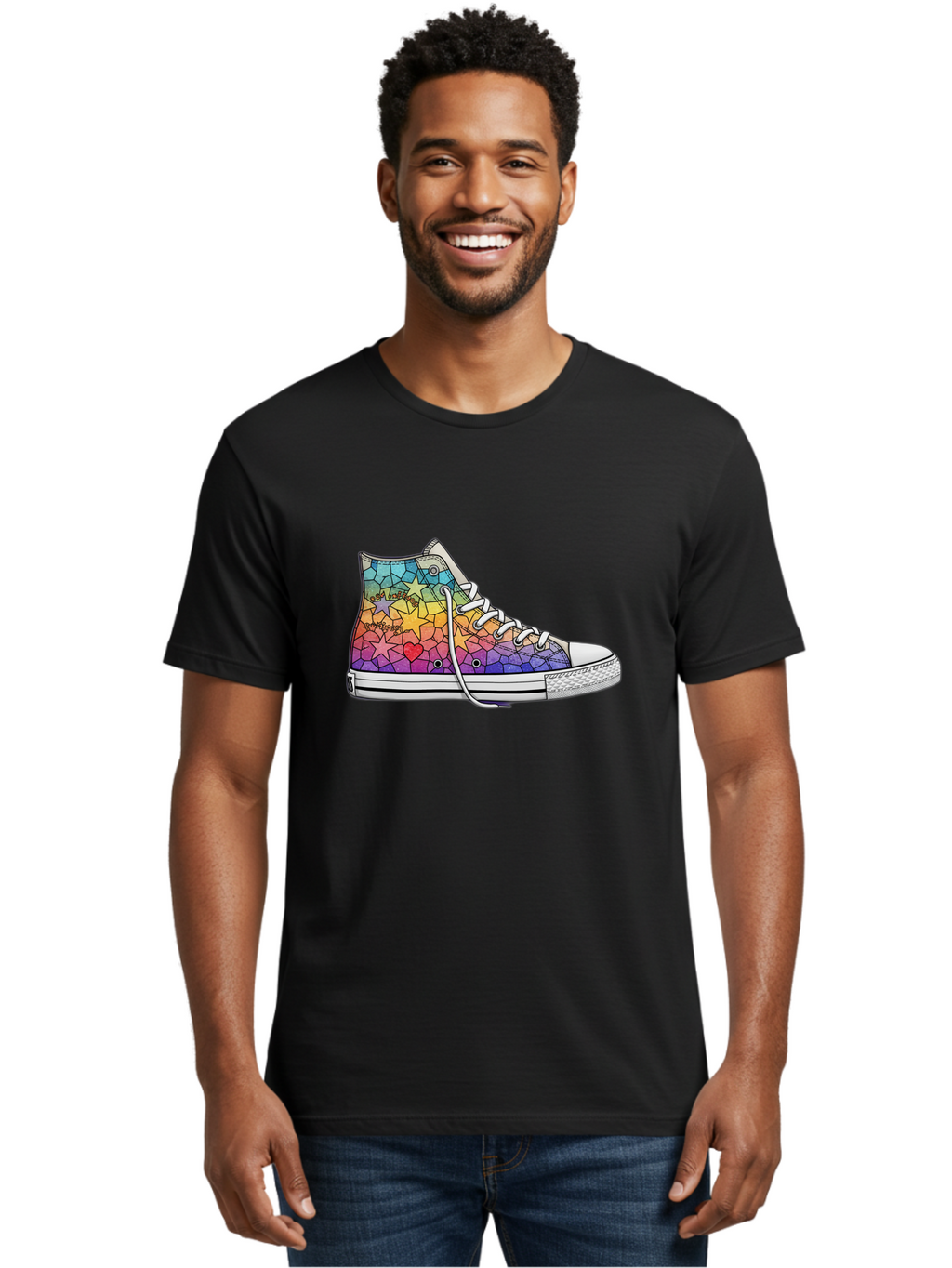 Stained-Glass-Sneaker Men'S Graphic Tee, 100% Cotton, Comfortable Casual Summer Wear, Machine Washable, Colorful Sneakers, Rainbow Stars, Mosaic Art, Vibrant Footwear, Playful Design, Custom Kicks, Funky Fashion, Trendy Shoes, Streetwear Bab456