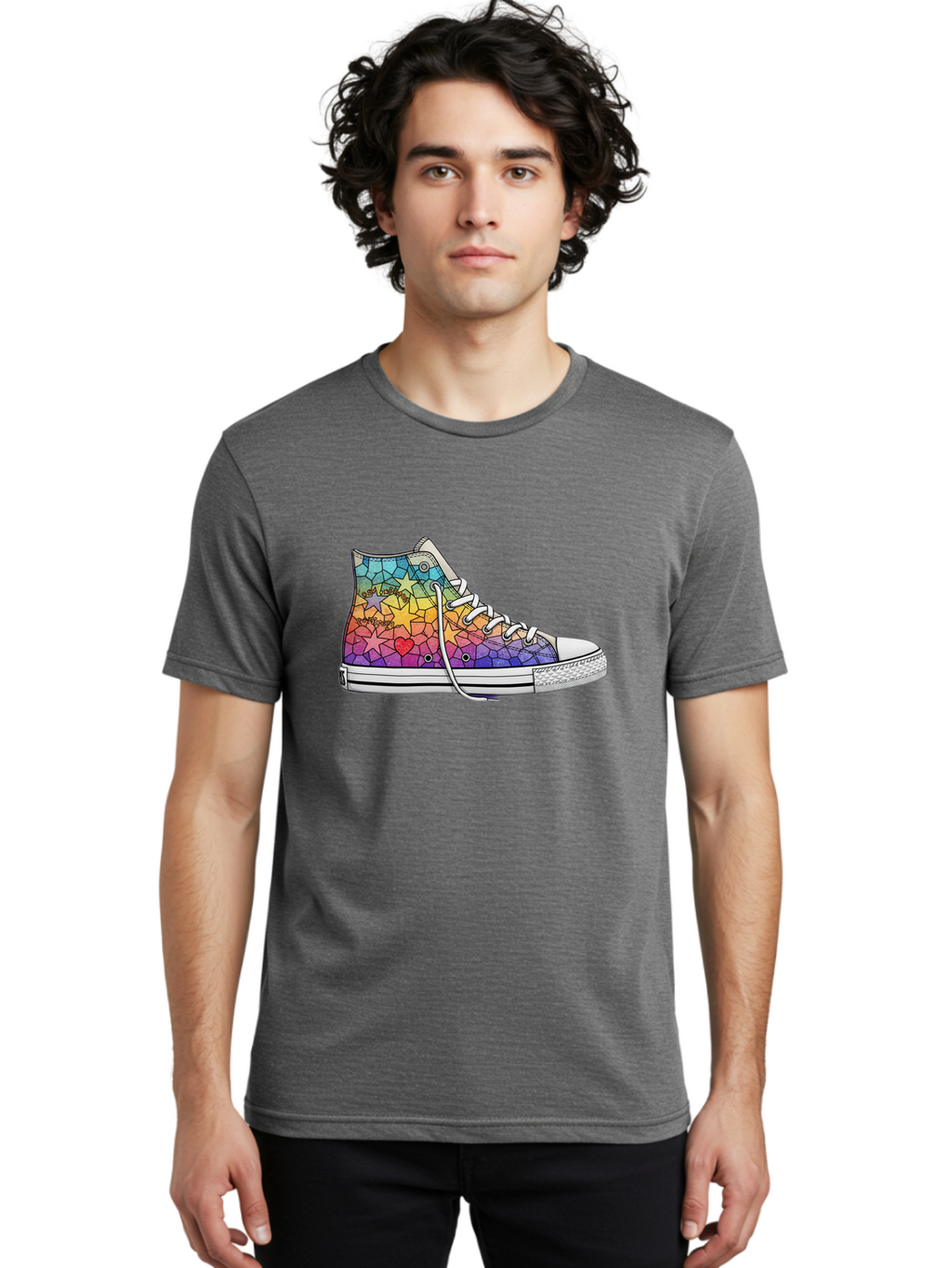Stained-Glass-Sneaker Men'S Graphic Tee, 100% Cotton, Comfortable Casual Summer Wear, Machine Washable, Colorful Sneakers, Rainbow Stars, Mosaic Art, Vibrant Footwear, Playful Design, Custom Kicks, Funky Fashion, Trendy Shoes, Streetwear Bab456