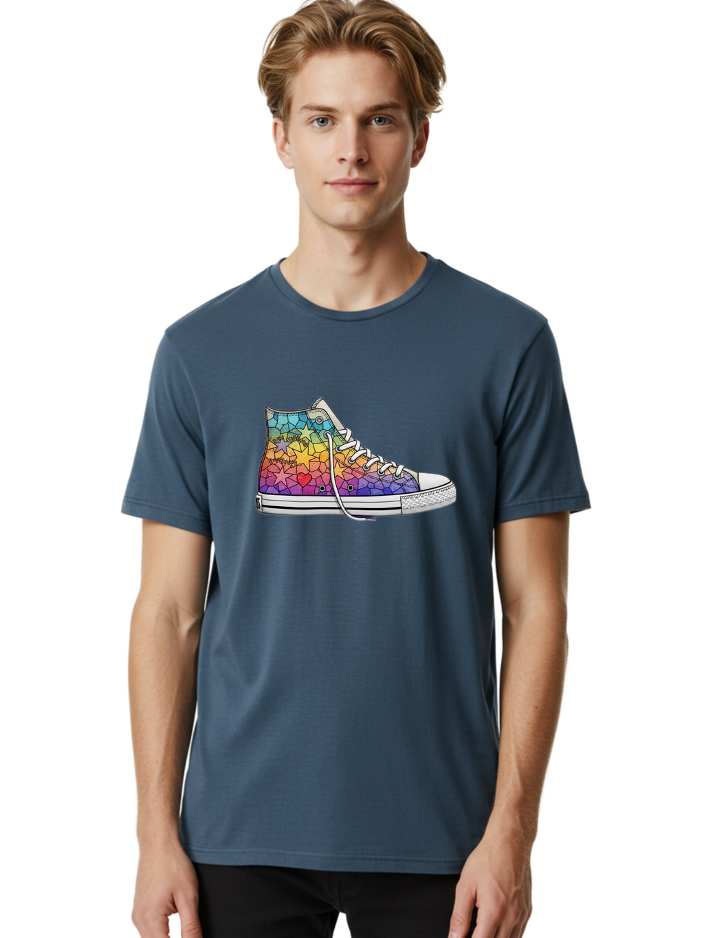 Stained-Glass-Sneaker Men'S Graphic Tee, 100% Cotton, Comfortable Casual Summer Wear, Machine Washable, Colorful Sneakers, Rainbow Stars, Mosaic Art, Vibrant Footwear, Playful Design, Custom Kicks, Funky Fashion, Trendy Shoes, Streetwear Bab456