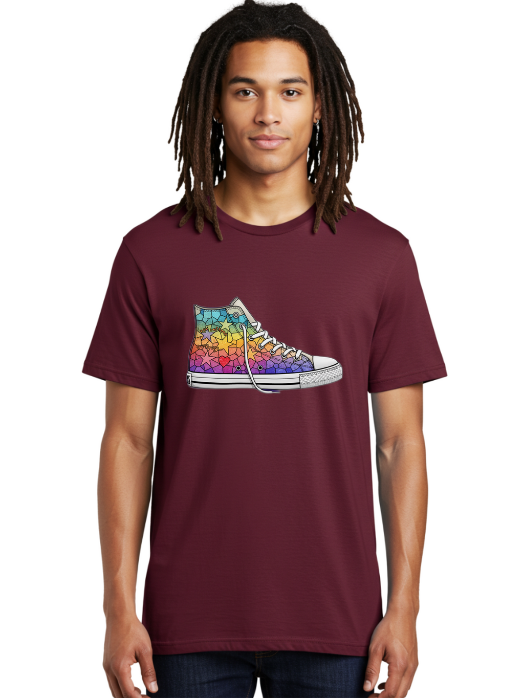 Stained-Glass-Sneaker Men'S Graphic Tee, 100% Cotton, Comfortable Casual Summer Wear, Machine Washable, Colorful Sneakers, Rainbow Stars, Mosaic Art, Vibrant Footwear, Playful Design, Custom Kicks, Funky Fashion, Trendy Shoes, Streetwear Bab456