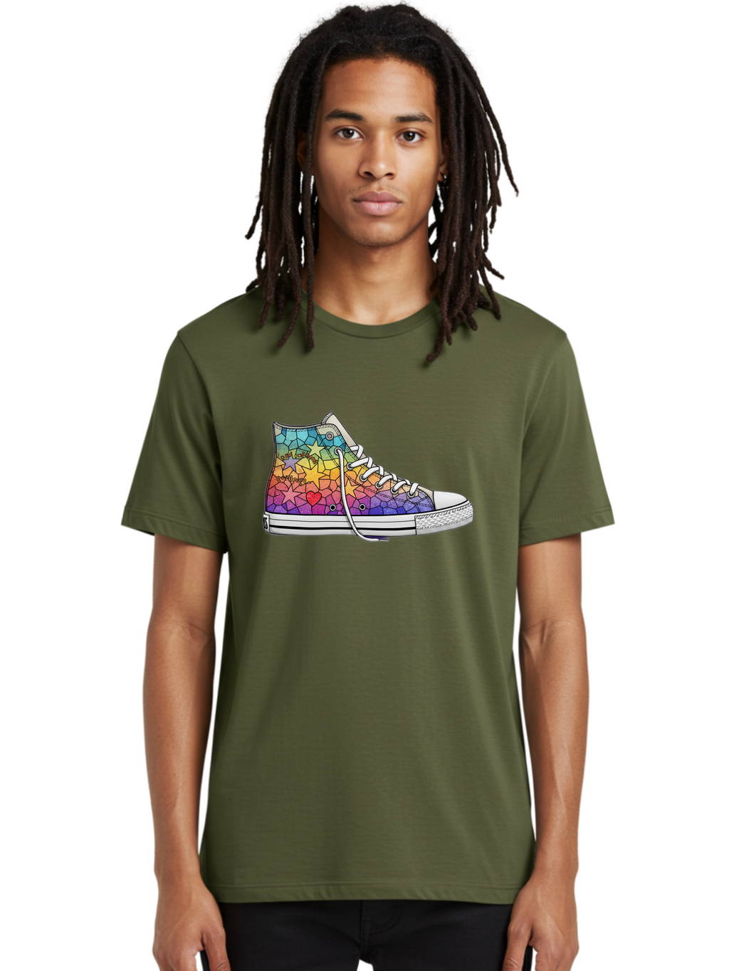 Stained-Glass-Sneaker Men'S Graphic Tee, 100% Cotton, Comfortable Casual Summer Wear, Machine Washable, Colorful Sneakers, Rainbow Stars, Mosaic Art, Vibrant Footwear, Playful Design, Custom Kicks, Funky Fashion, Trendy Shoes, Streetwear Bab456