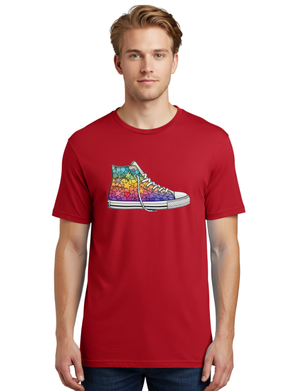 Stained-Glass-Sneaker Men'S Graphic Tee, 100% Cotton, Comfortable Casual Summer Wear, Machine Washable, Colorful Sneakers, Rainbow Stars, Mosaic Art, Vibrant Footwear, Playful Design, Custom Kicks, Funky Fashion, Trendy Shoes, Streetwear Bab456