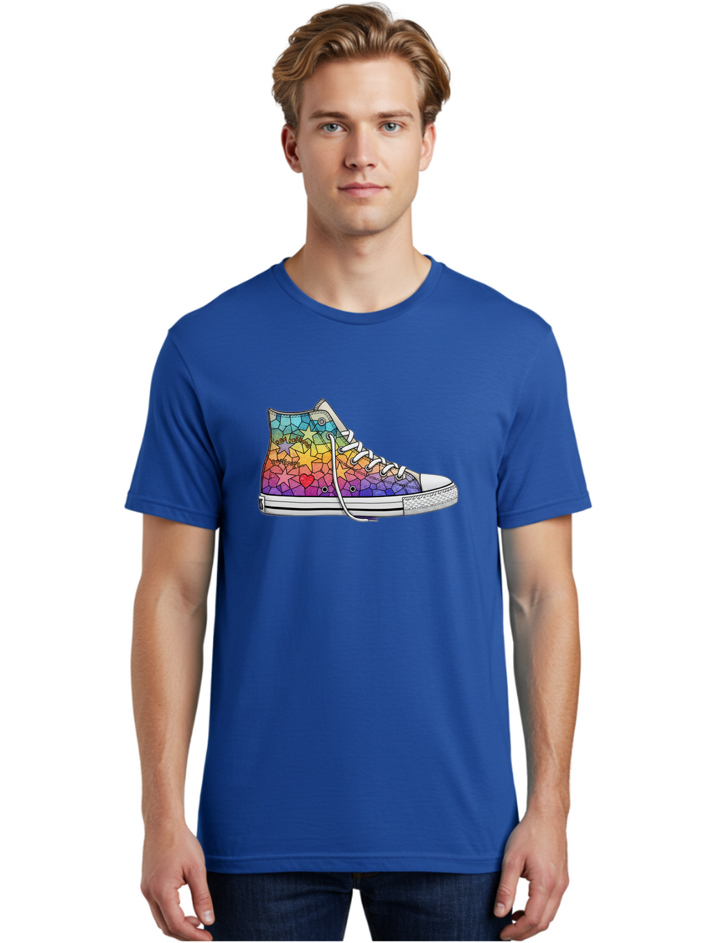 Stained-Glass-Sneaker Men'S Graphic Tee, 100% Cotton, Comfortable Casual Summer Wear, Machine Washable, Colorful Sneakers, Rainbow Stars, Mosaic Art, Vibrant Footwear, Playful Design, Custom Kicks, Funky Fashion, Trendy Shoes, Streetwear Bab456