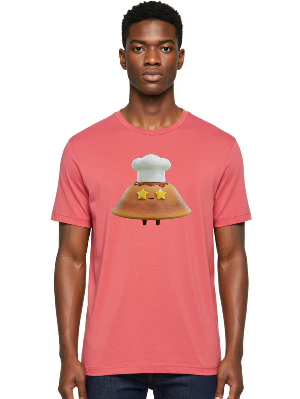 Star-Dosa Men'S Graphic Tee, 100% Cotton, Comfortable Casual Summer Wear, Machine Washable, Smiling Pancake, Chef Hat, Yellow Stars, Chocolate Sauce, Cute Breakfast Food, Adorable Cartoon Character, Fluffy Pancake, Happy Face, Breakfast Theme Bab457