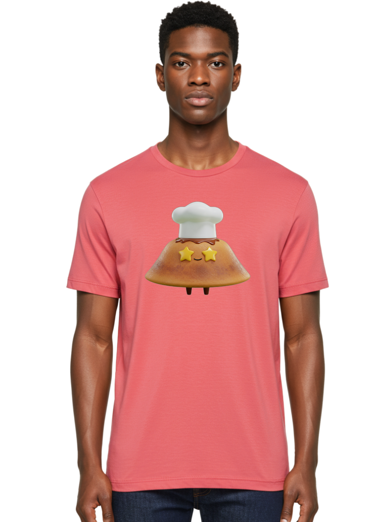 Star-Dosa Men'S Graphic Tee, 100% Cotton, Comfortable Casual Summer Wear, Machine Washable, Smiling Pancake, Chef Hat, Yellow Stars, Chocolate Sauce, Cute Breakfast Food, Adorable Cartoon Character, Fluffy Pancake, Happy Face, Breakfast Theme Bab457