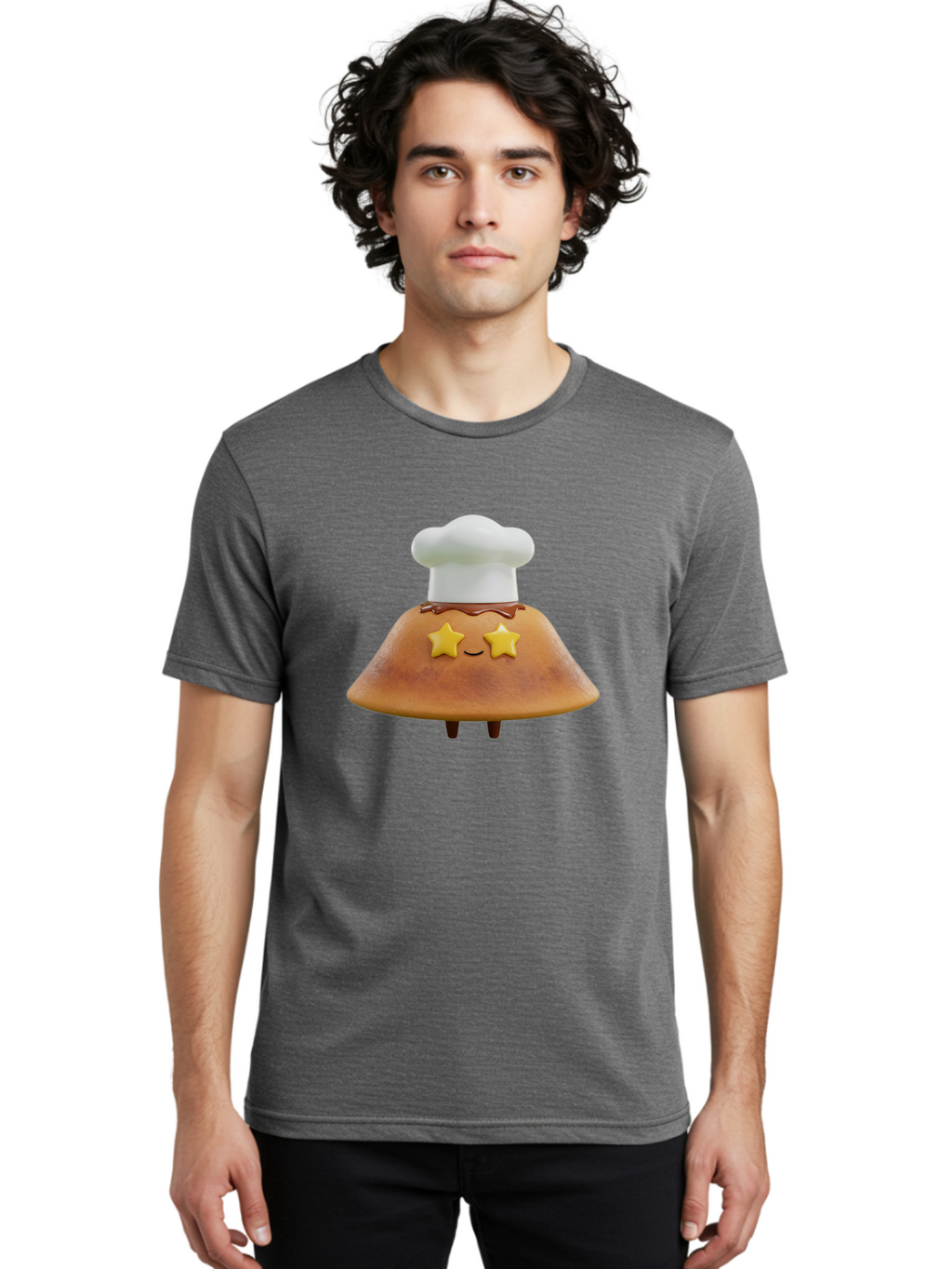 Star-Dosa Men'S Graphic Tee, 100% Cotton, Comfortable Casual Summer Wear, Machine Washable, Smiling Pancake, Chef Hat, Yellow Stars, Chocolate Sauce, Cute Breakfast Food, Adorable Cartoon Character, Fluffy Pancake, Happy Face, Breakfast Theme Bab457