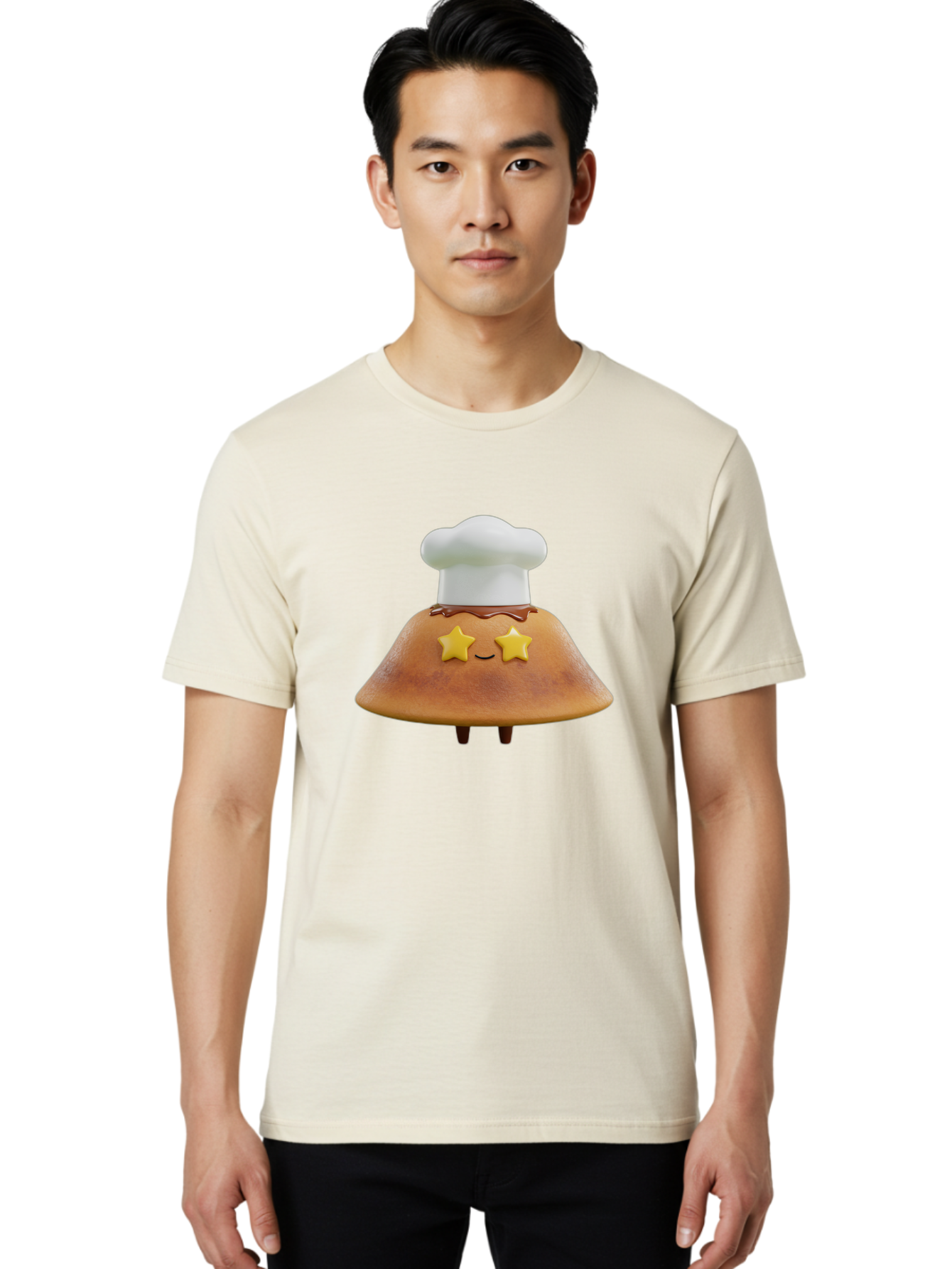 Star-Dosa Men'S Graphic Tee, 100% Cotton, Comfortable Casual Summer Wear, Machine Washable, Smiling Pancake, Chef Hat, Yellow Stars, Chocolate Sauce, Cute Breakfast Food, Adorable Cartoon Character, Fluffy Pancake, Happy Face, Breakfast Theme Bab457