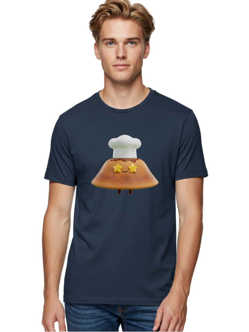 Star-Dosa Men'S Graphic Tee, 100% Cotton, Comfortable Casual Summer Wear, Machine Washable, Smiling Pancake, Chef Hat, Yellow Stars, Chocolate Sauce, Cute Breakfast Food, Adorable Cartoon Character, Fluffy Pancake, Happy Face, Breakfast Theme Bab457