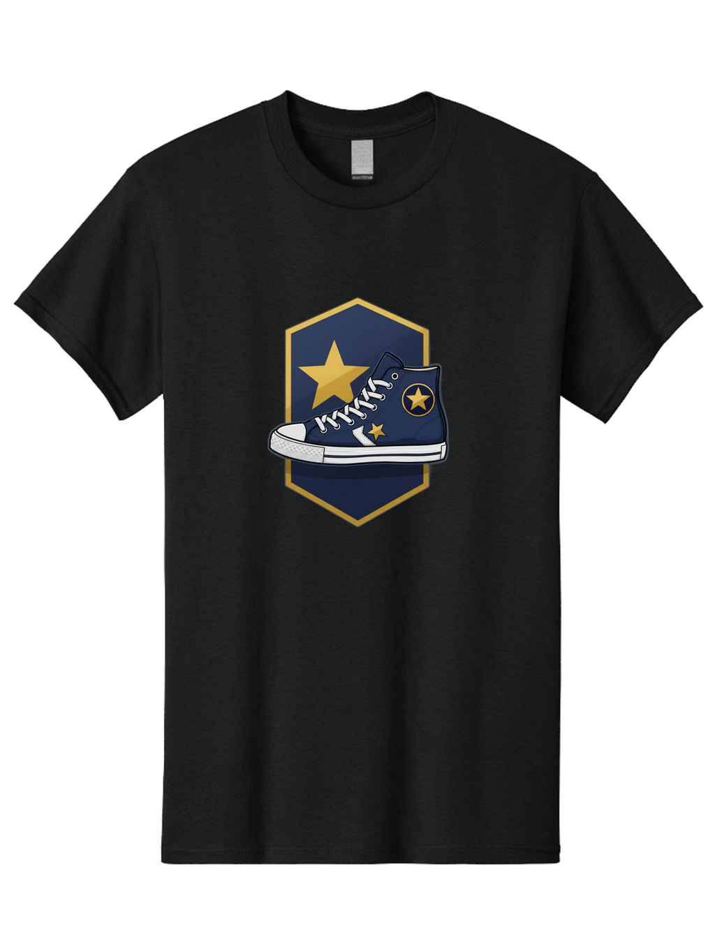 Star-Sneaker Men'S Graphic Tee, 100% Cotton, Comfortable Casual Summer Wear, Machine Washable, Navy Blue Sneaker, White Laces, Yellow Stars, Converse Style, Casual Footwear, Streetwear Fashion, Athletic Shoe, Bold Design, Gold Accents Bab458