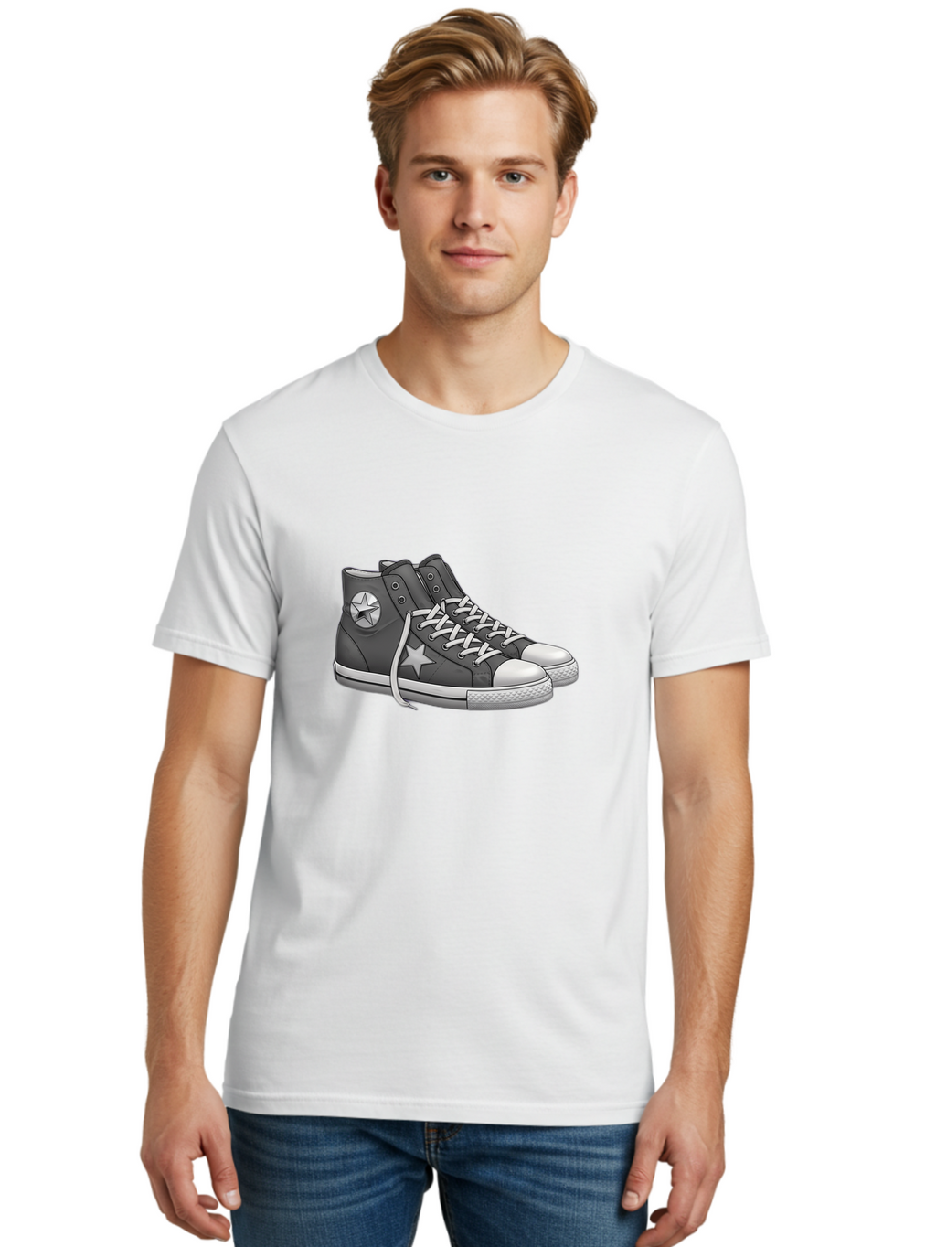 Star-Sneakers Men'S Graphic Tee, 100% Cotton, Comfortable Casual Summer Wear, Machine Washable, Black And White Sneakers, White Star Logo, Casual Footwear, Streetwear Fashion, Athletic Shoes, Minimalist Design, Converse Style Bab459