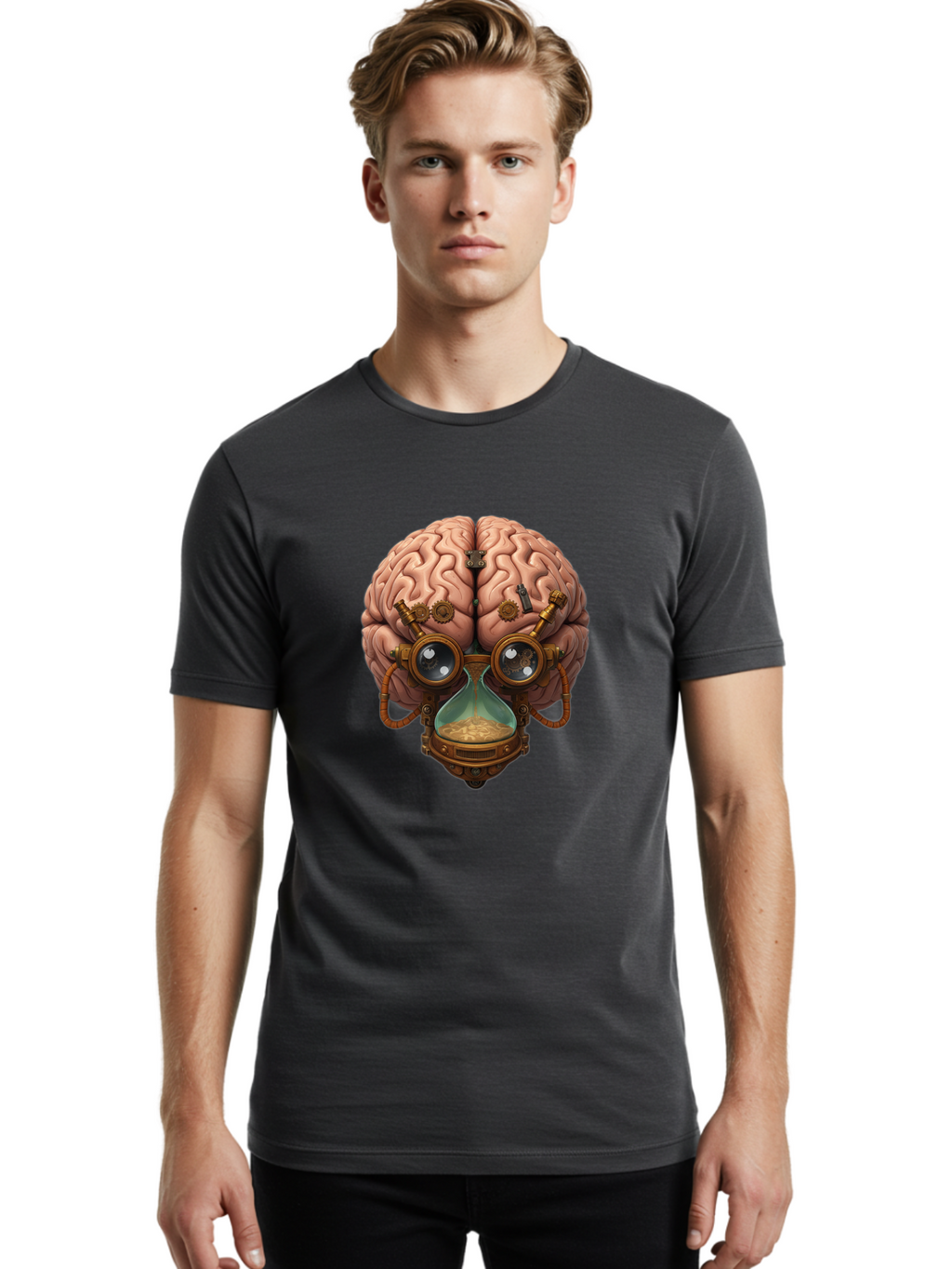 Steampunk-Brain Men'S Graphic Tee, 100% Cotton, Comfortable Casual Summer Wear, Machine Washable, Steampunk-Inspired Art, Brain With Goggles, Hourglass, Gears, Cogs, Industrial Design, Futuristic Innovation, Surrealism, Creative Imagination, Bab461