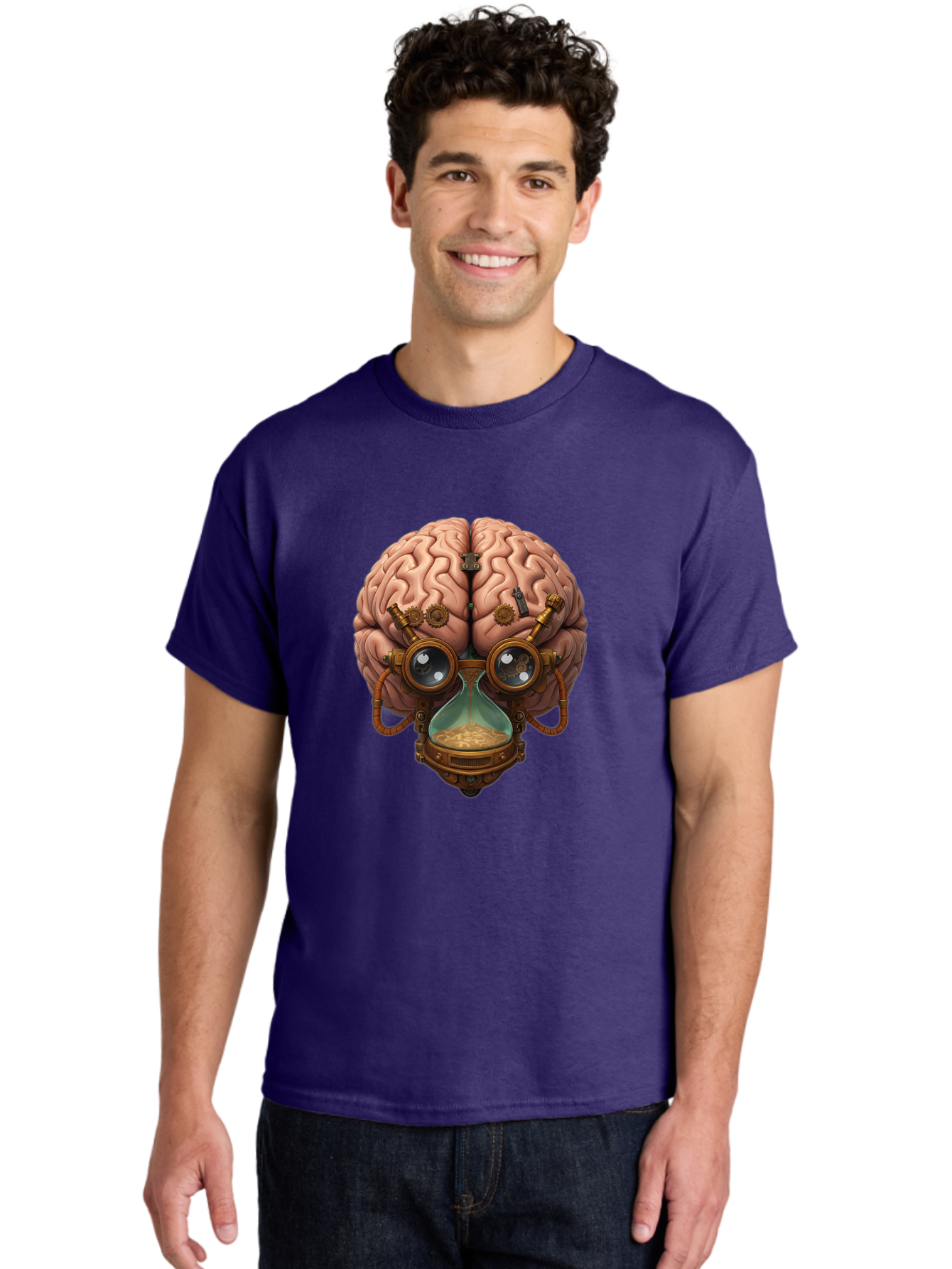 Steampunk-Brain Men'S Graphic Tee, 100% Cotton, Comfortable Casual Summer Wear, Machine Washable, Steampunk-Inspired Art, Brain With Goggles, Hourglass, Gears, Cogs, Industrial Design, Futuristic Innovation, Surrealism, Creative Imagination, Bab461