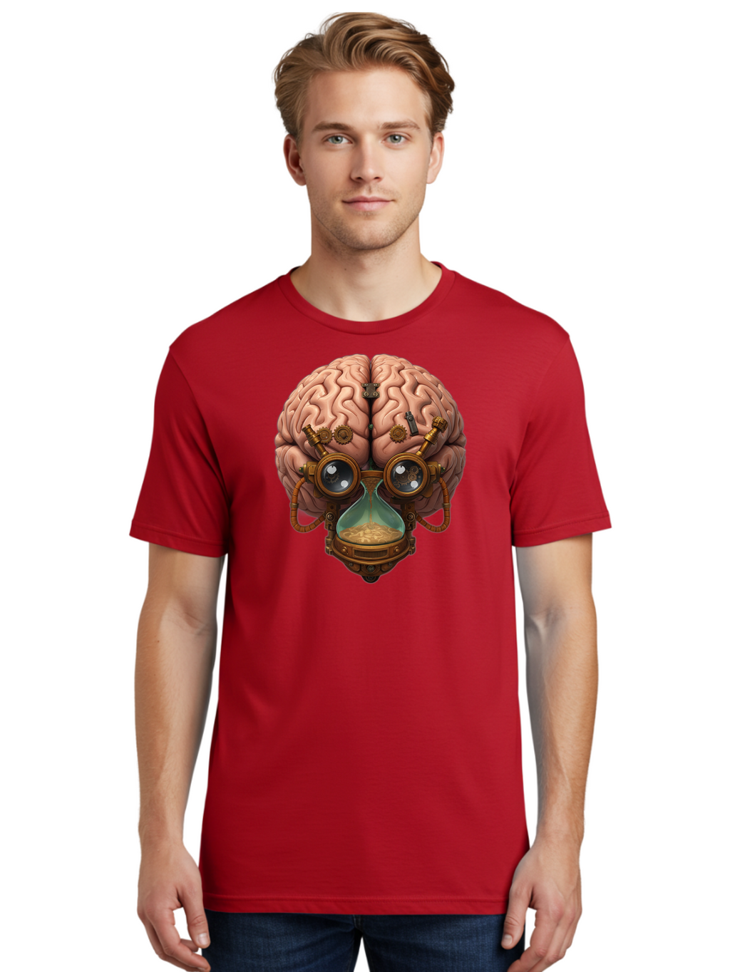 Steampunk-Brain Men'S Graphic Tee, 100% Cotton, Comfortable Casual Summer Wear, Machine Washable, Steampunk-Inspired Art, Brain With Goggles, Hourglass, Gears, Cogs, Industrial Design, Futuristic Innovation, Surrealism, Creative Imagination, Bab461